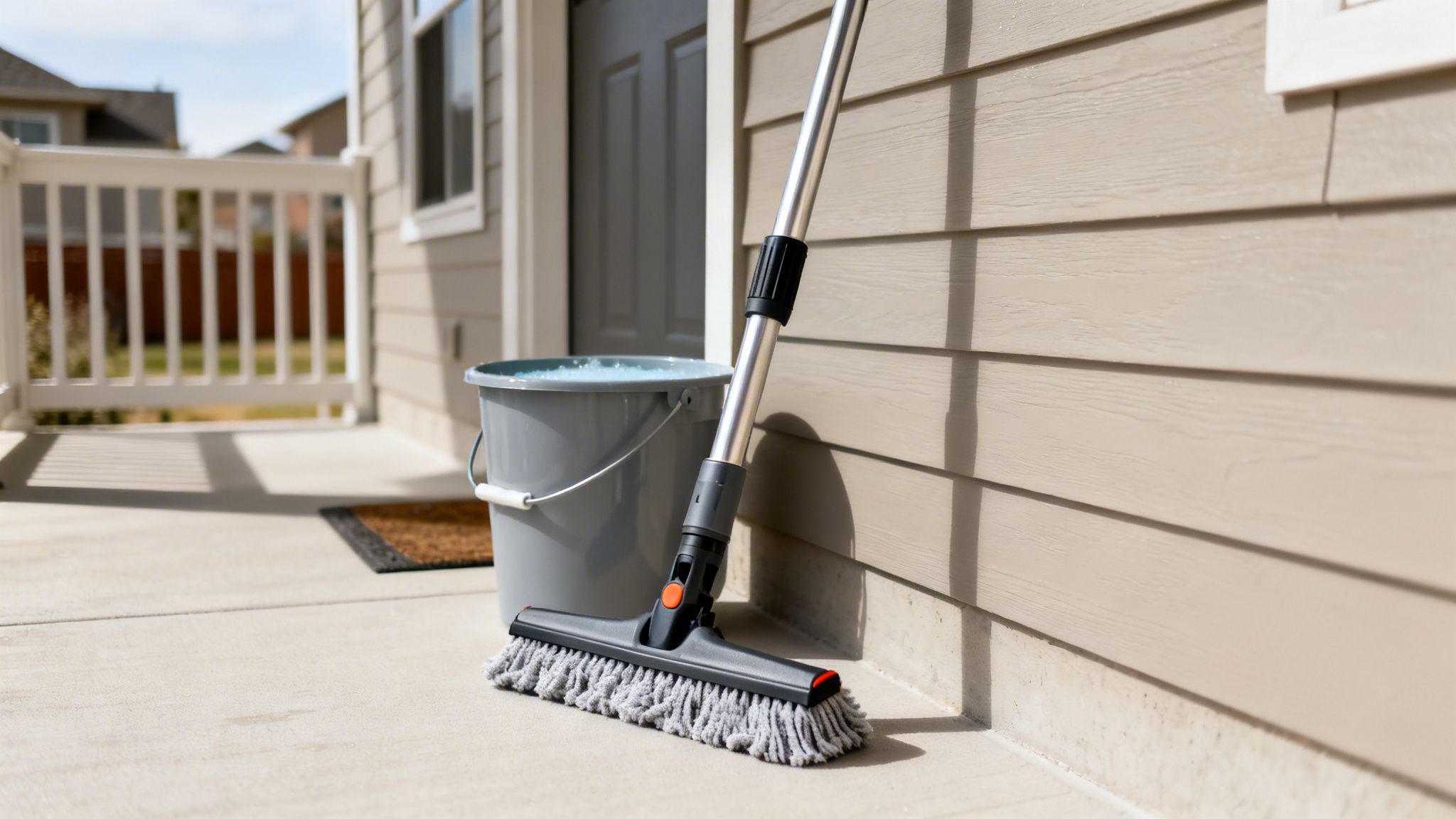 A gray bucket with soapy water and a long-handled window cleaning tool on a porch.
