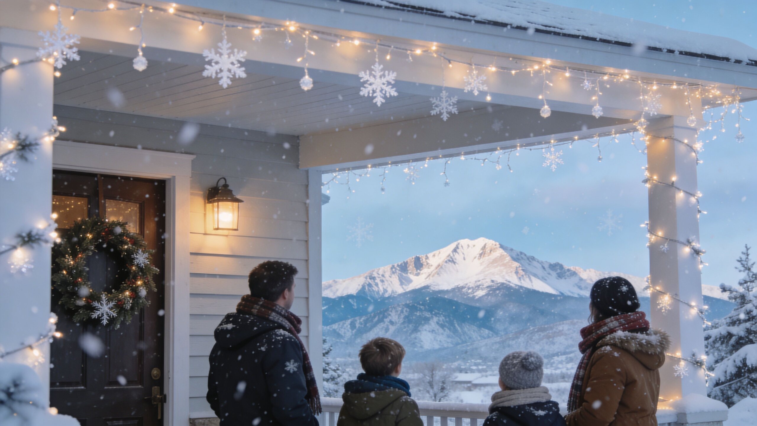 A family stands on a porch decorated with festive Christmas lights, gazing at a snowy mountain landscape.