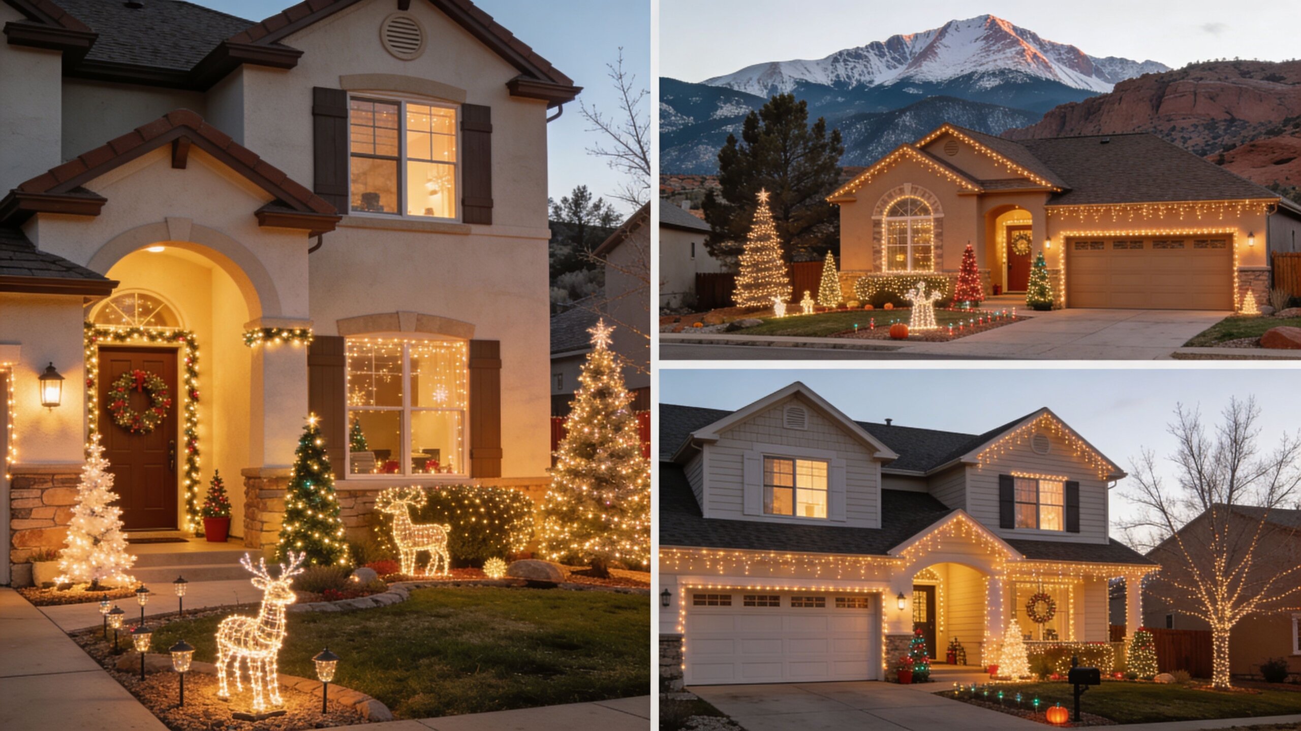 A collage showing three suburban homes decorated with festive Christmas lights in Colorado Springs at twilight.