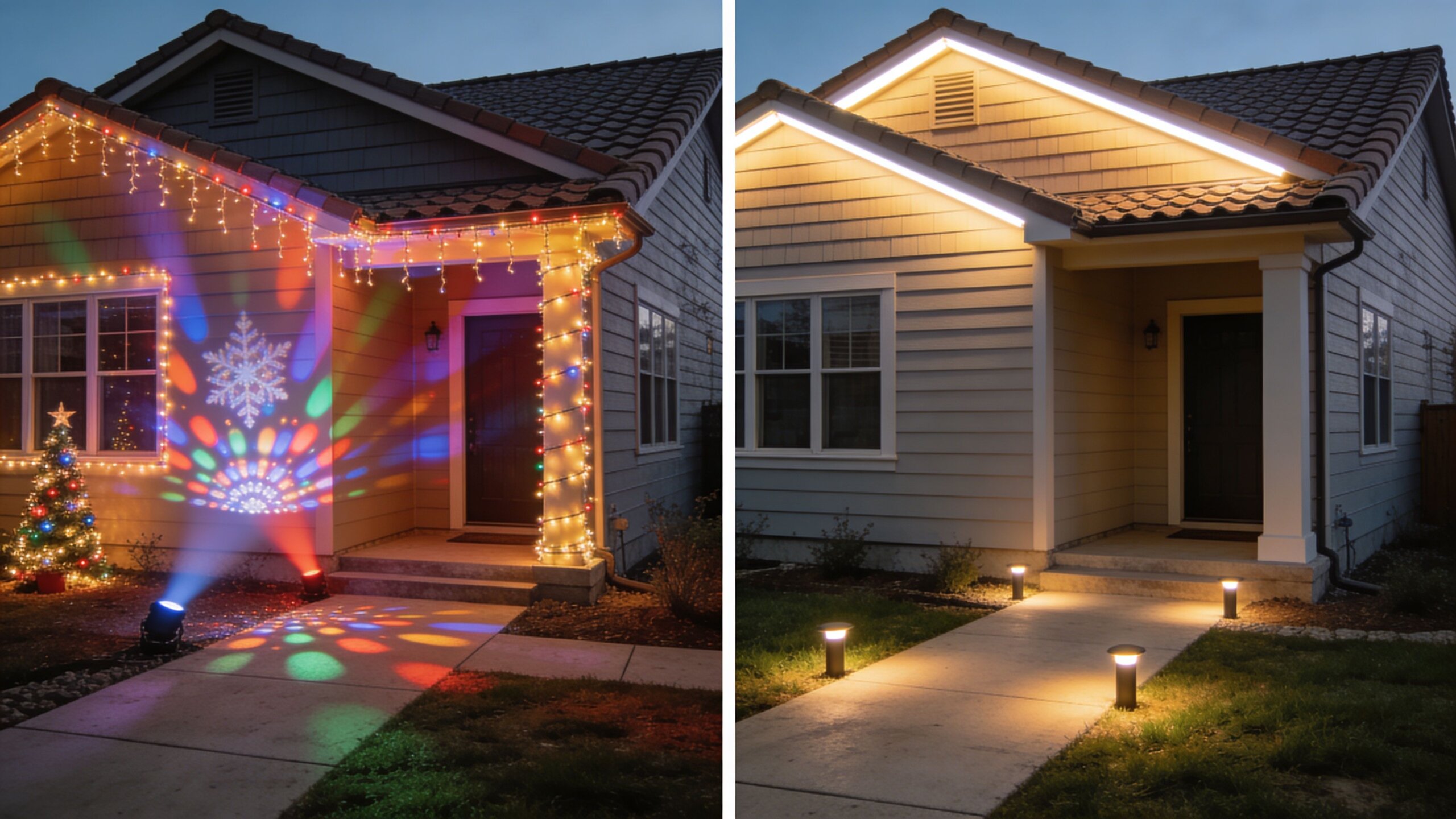 A split image showing a house decorated with colorful festive lights versus modern architectural accent lighting.