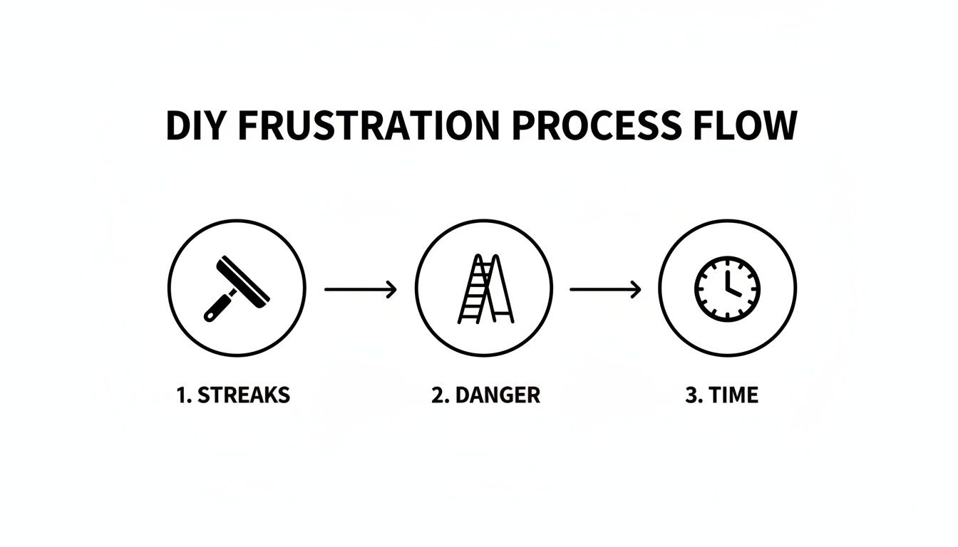 A DIY frustration process flow diagram showing icons for streaks, ladder danger, and wasted time.