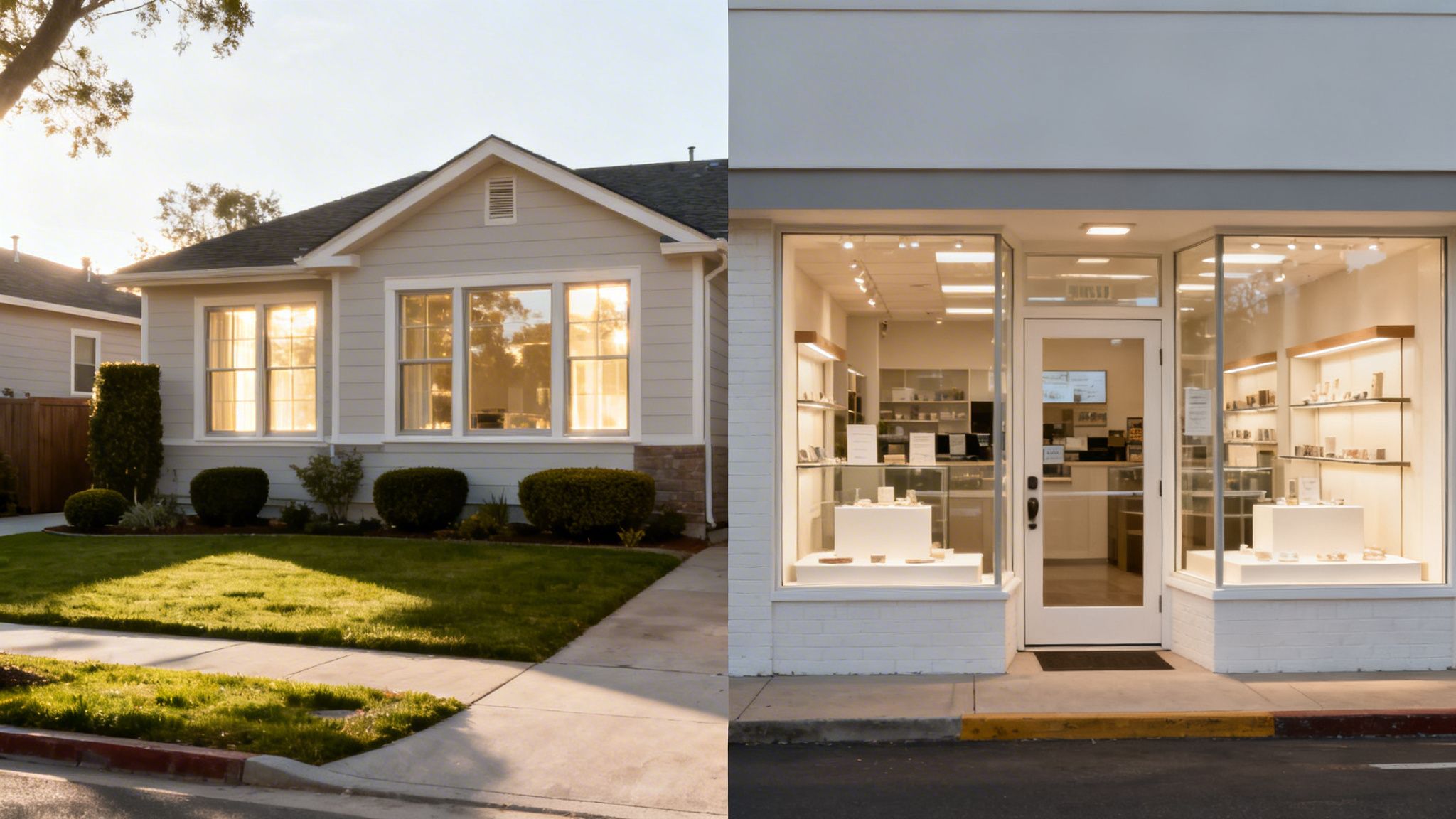 A split image showing a residential house with a sunny lawn and a modern commercial storefront at dusk.
