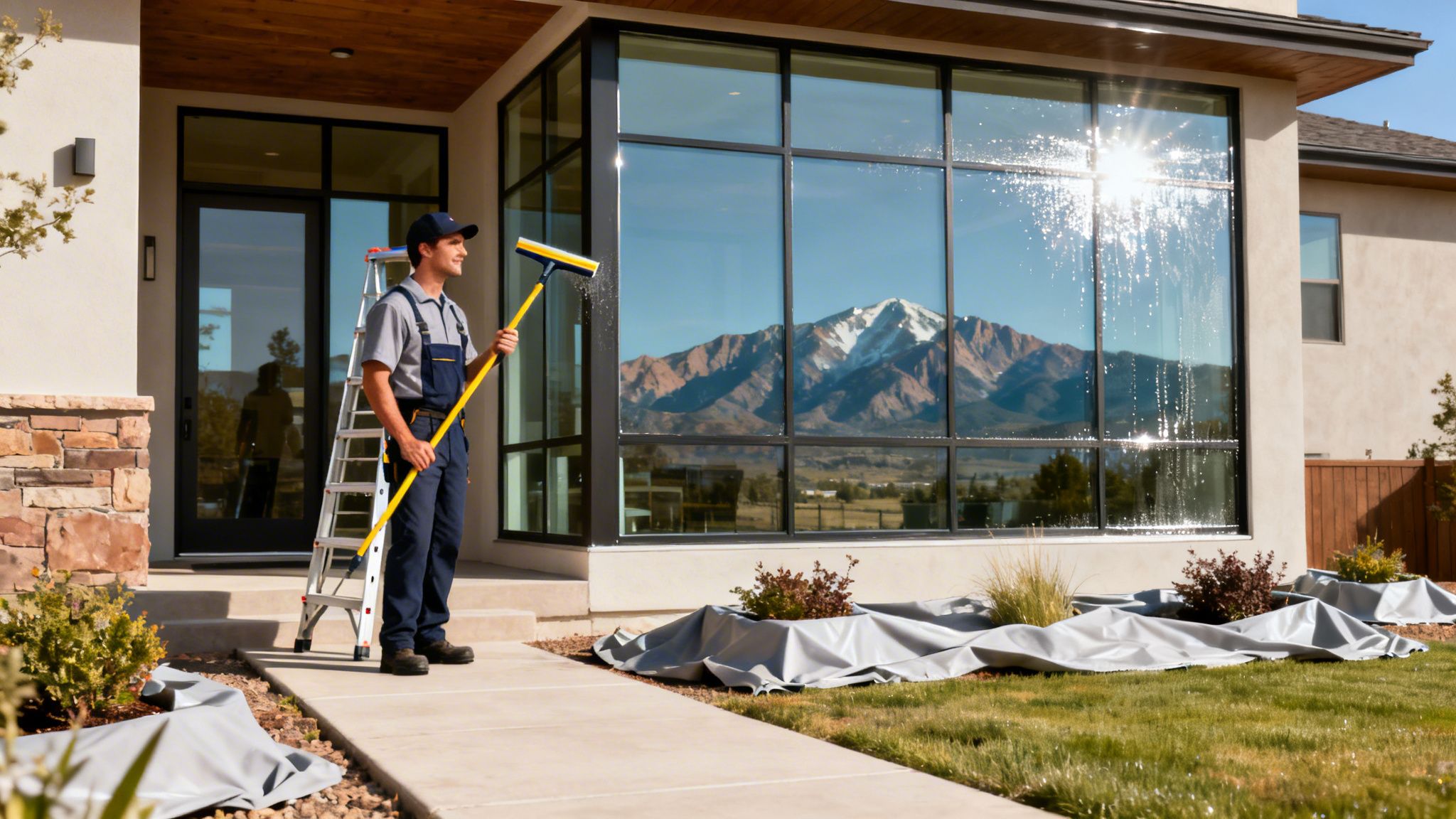 A professional window cleaner uses a long squeegee to wash large windows of a modern house.