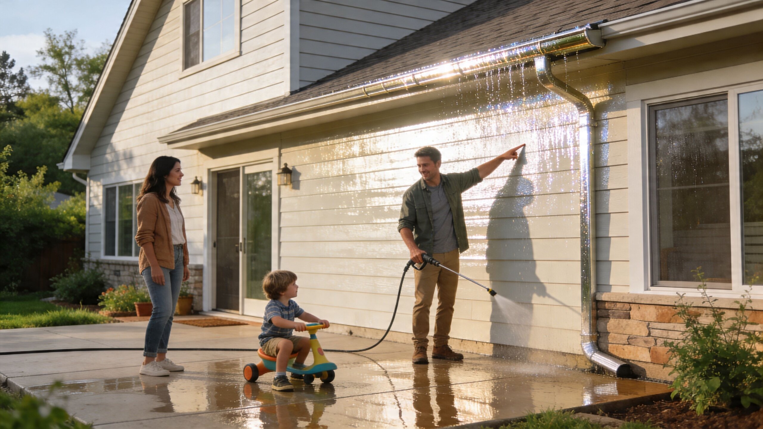 A father pressure washes his house wall while his son rides a toy on the patio.