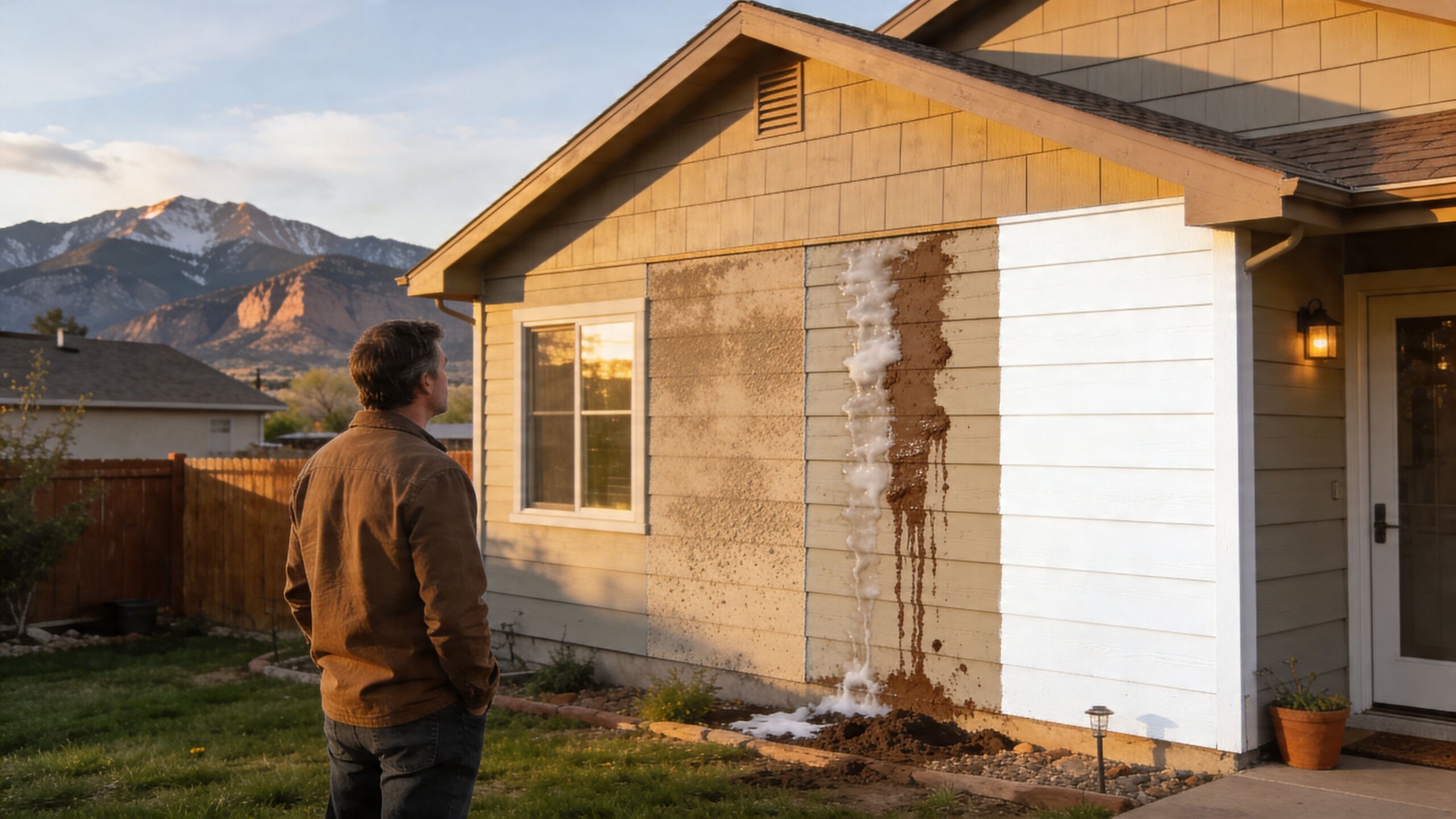 A man stands in his yard observing a house siding showing different cleaning and painting results.