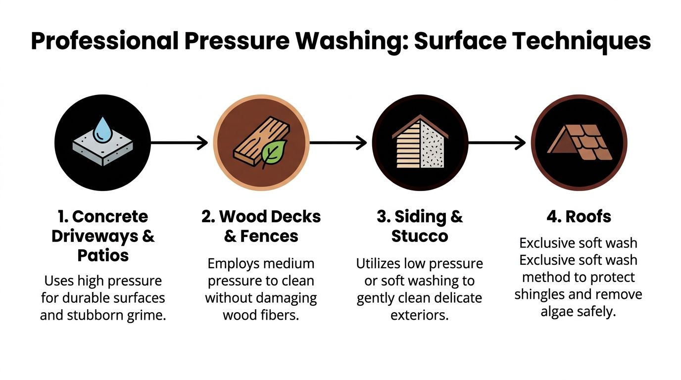 A professional pressure washing guide showing different techniques for cleaning concrete, wood, siding, stucco, and roof surfaces.