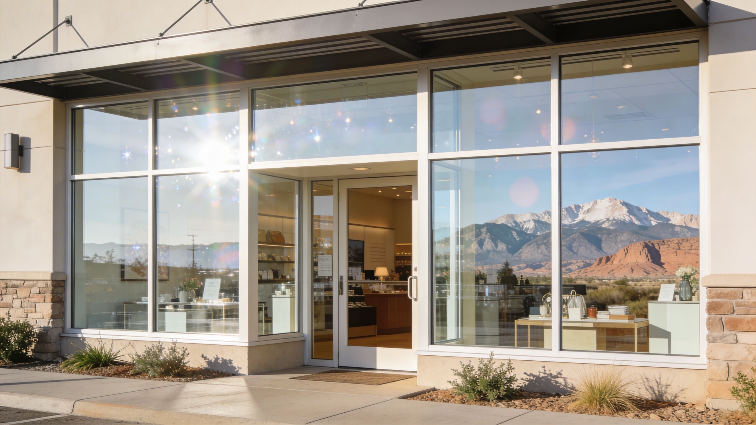 A clean glass storefront of a commercial retail building featuring a mountain view reflection.