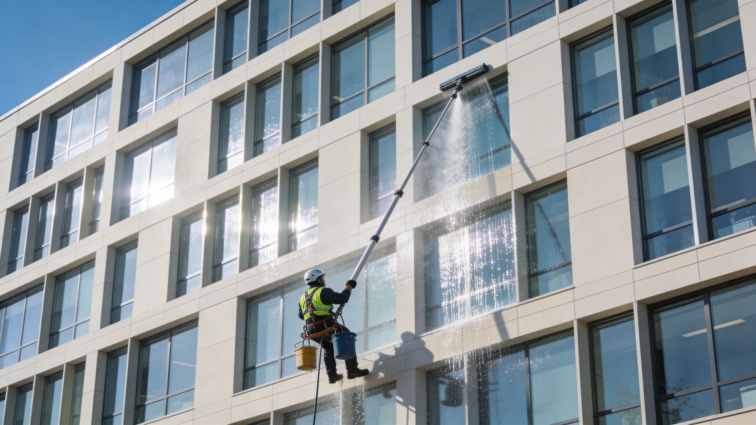 A professional window cleaner suspended on ropes cleaning the glass exterior of a modern commercial office building.