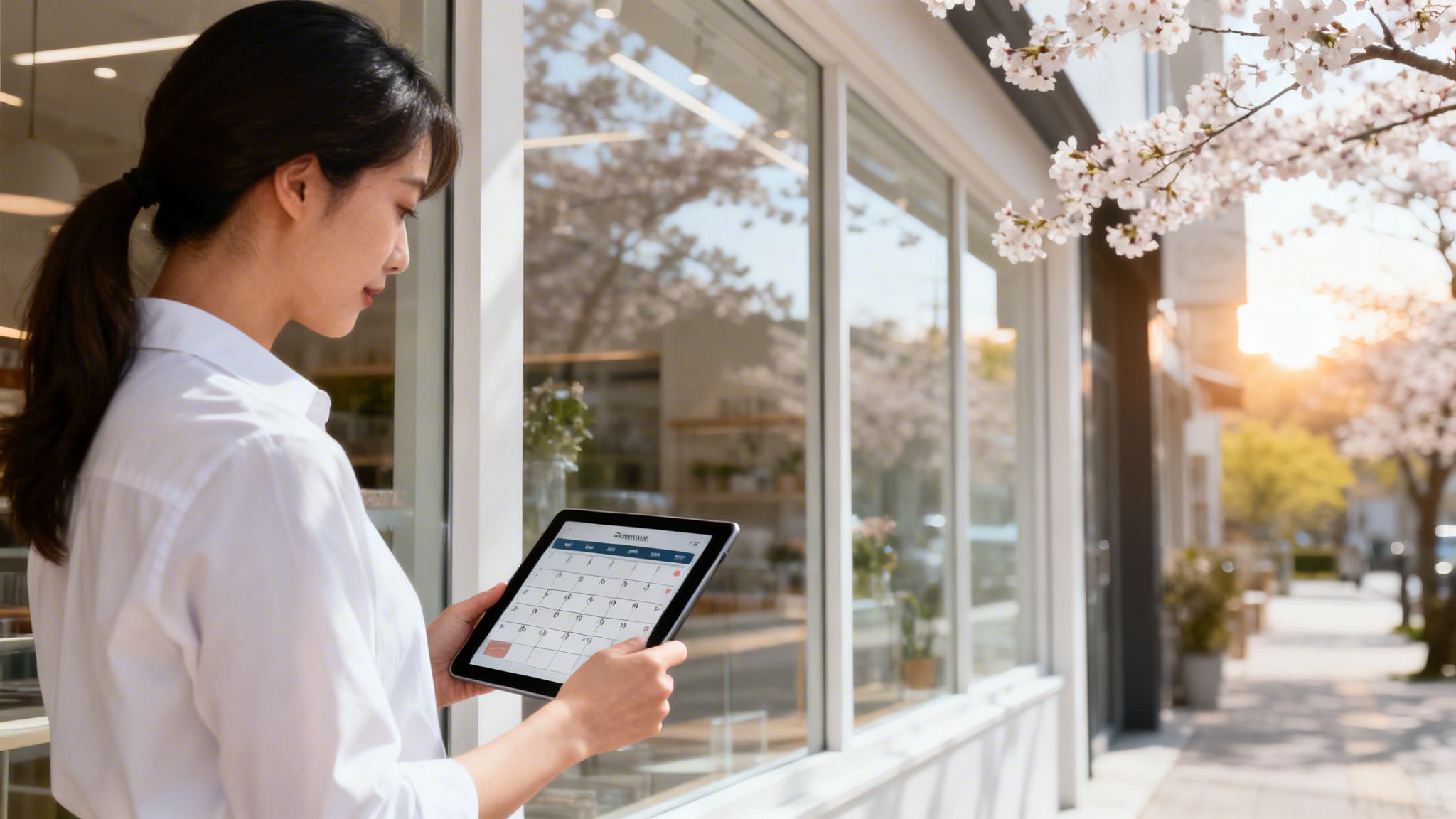 A young woman uses a tablet with a calendar app outside a store with cherry blossoms.