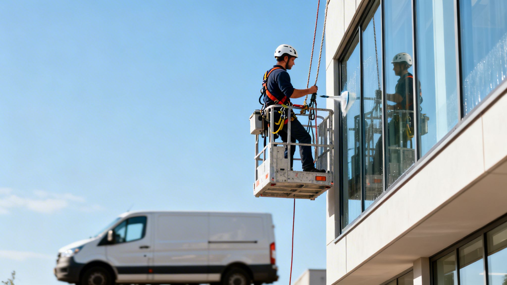 A man in a safety harness and helmet cleans windows from a mobile lift outside a modern building.