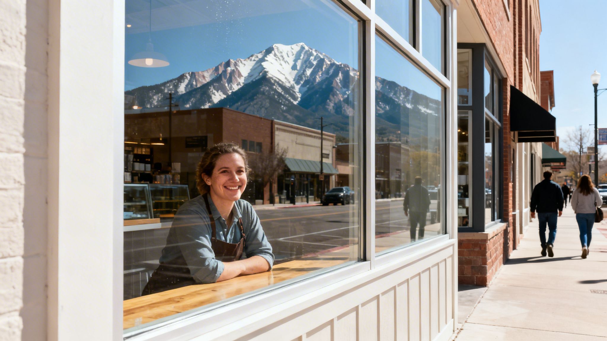 A smiling woman in an apron looks out from a cafe window onto a street with mountains.