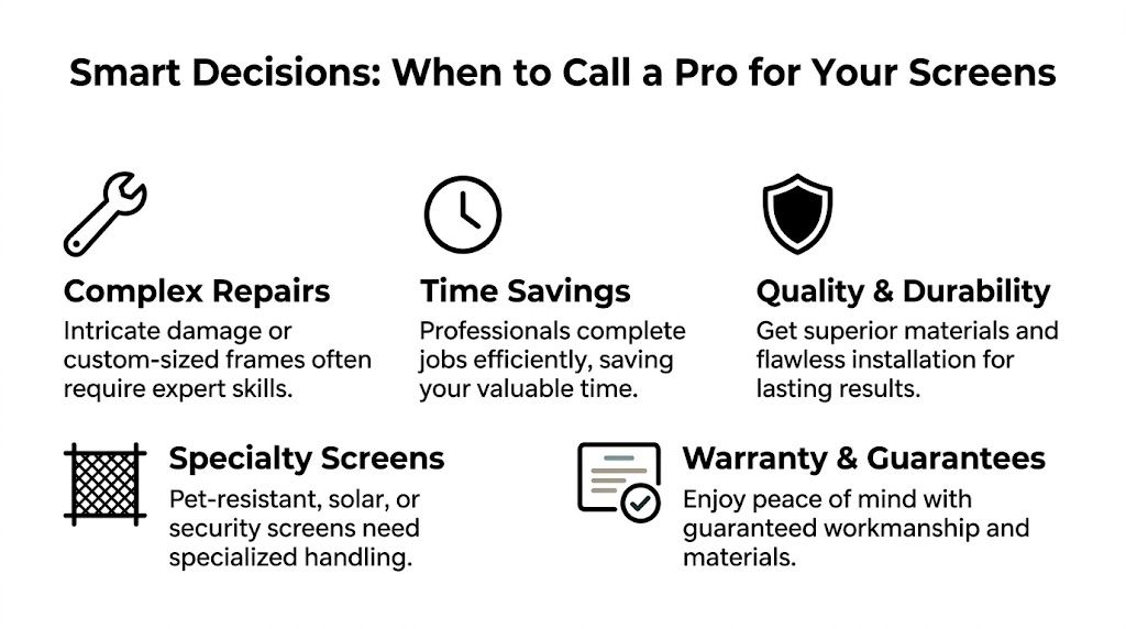 A graphic listing five reasons to hire a professional for screen repairs, including efficiency and quality.