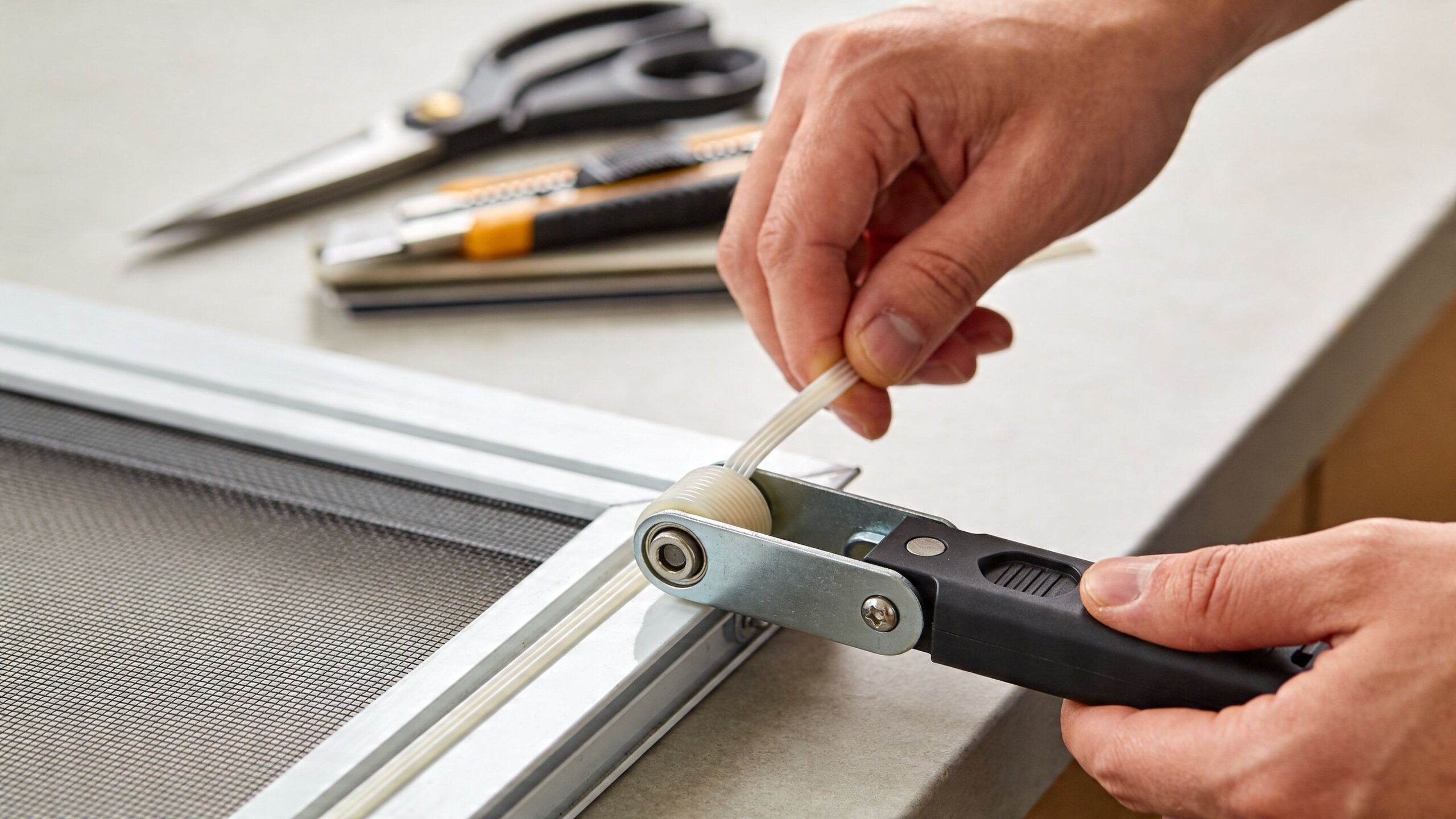A person using a screen installation tool to press spline into a window screen frame.