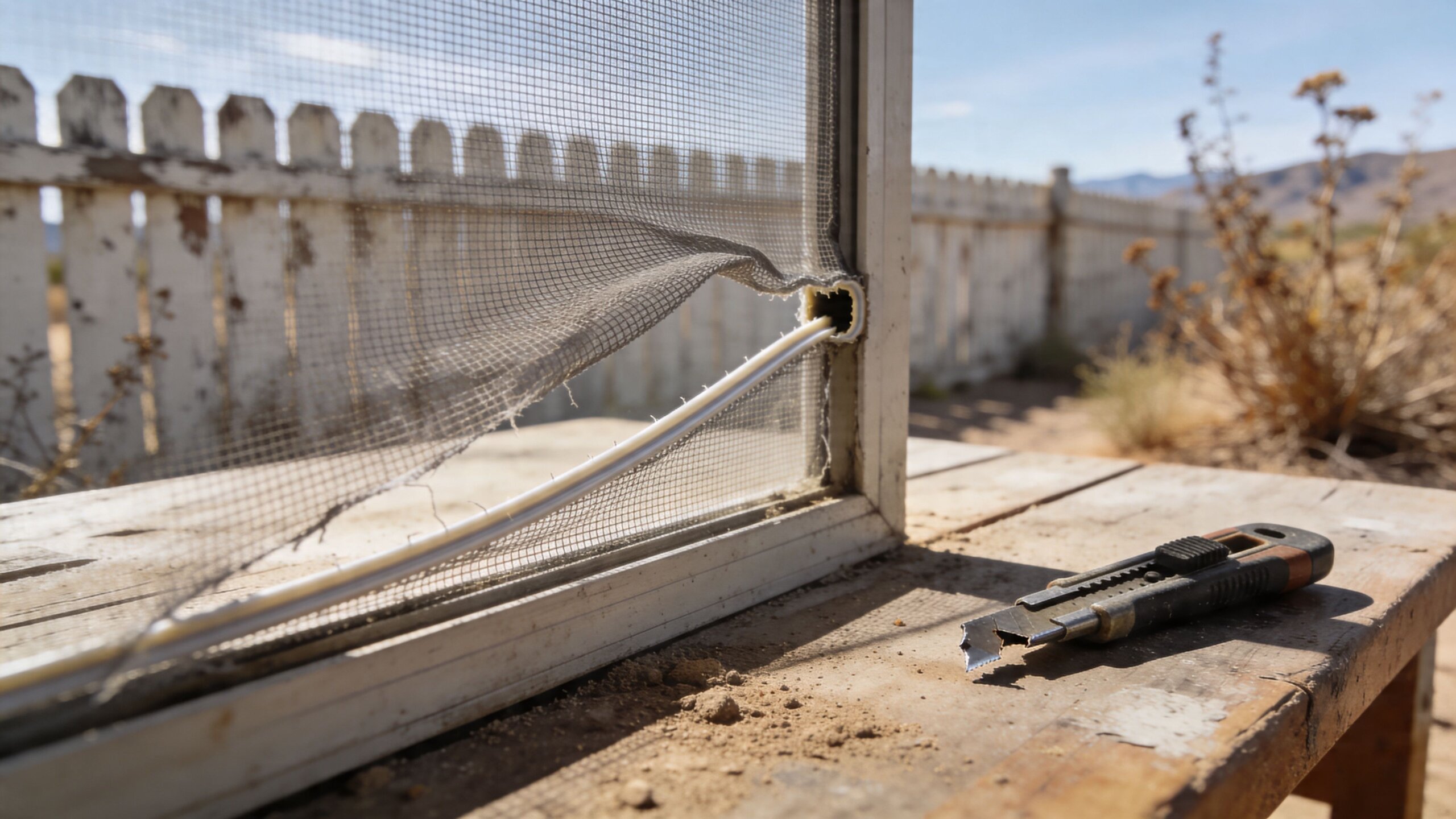 A utility knife rests on a wooden surface next to a window screen frame being repaired.