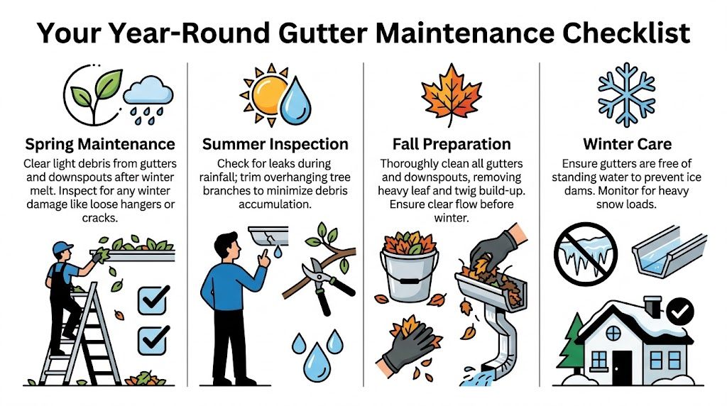 A year-round gutter maintenance checklist infographic illustrating seasonal steps for cleaning and inspecting home drainage systems.