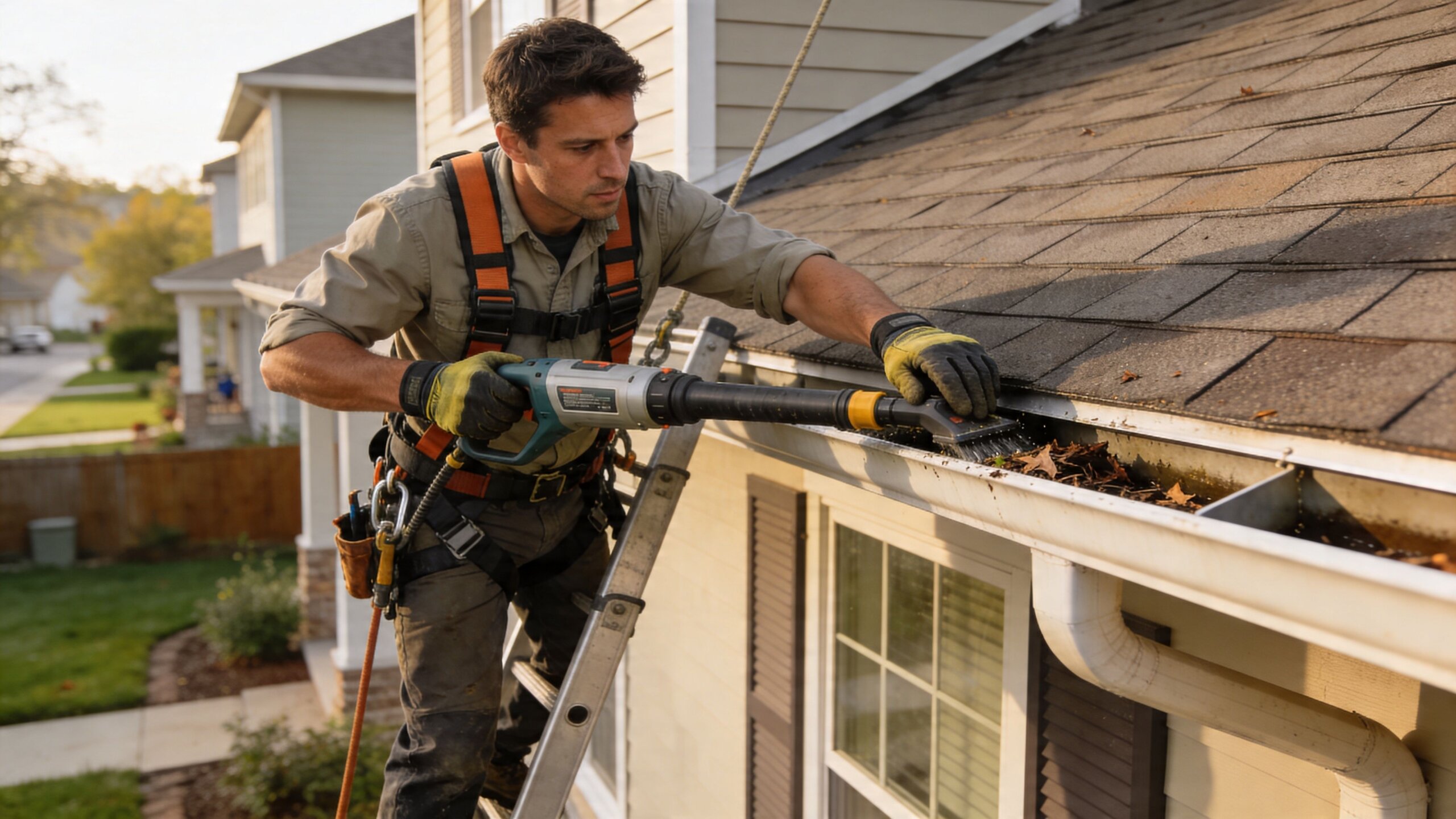 A professional man cleaning residential rain gutters using a power tool while standing on an extension ladder.