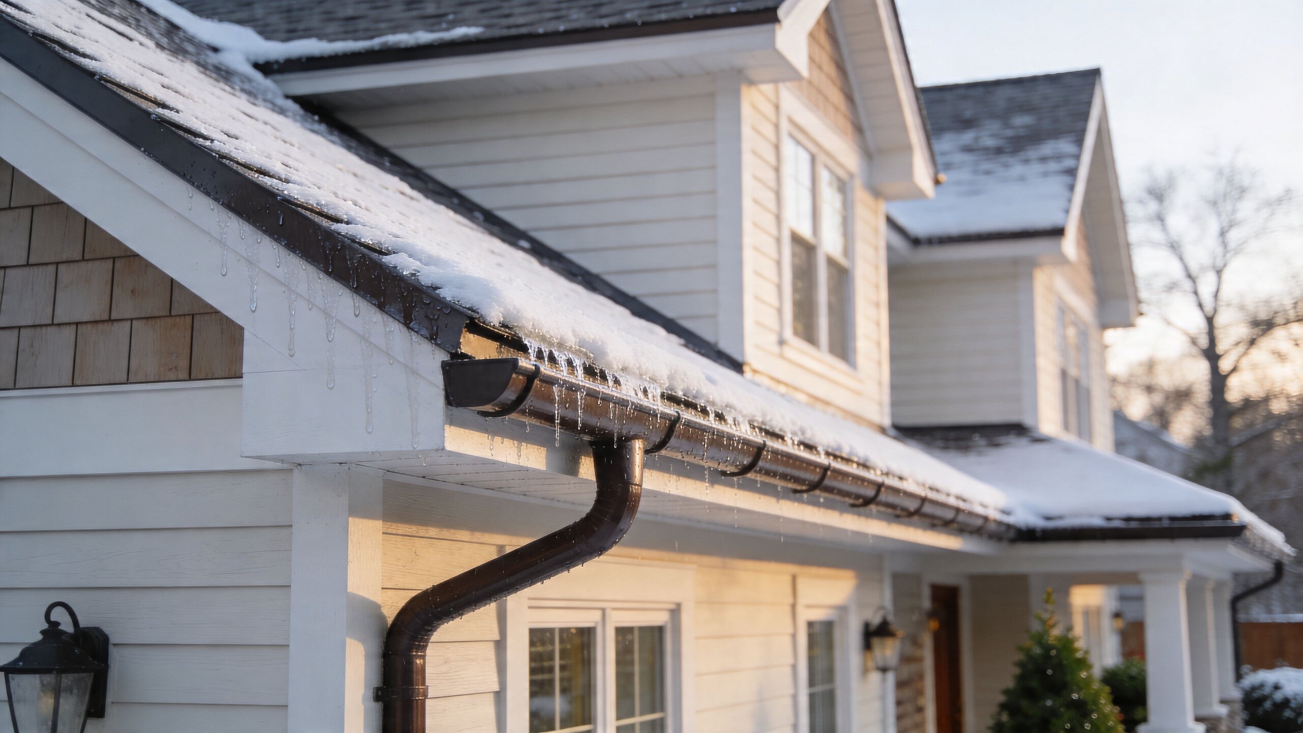 A house roof with frozen gutters and icicles during a cold winter day at sunset.