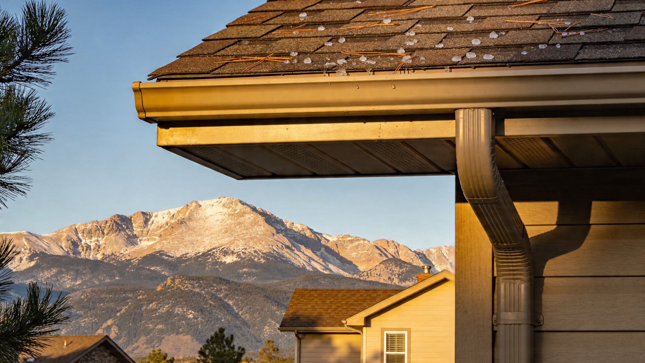 A close up view of a residential roof gutter with icy hail and pine needles after a storm.