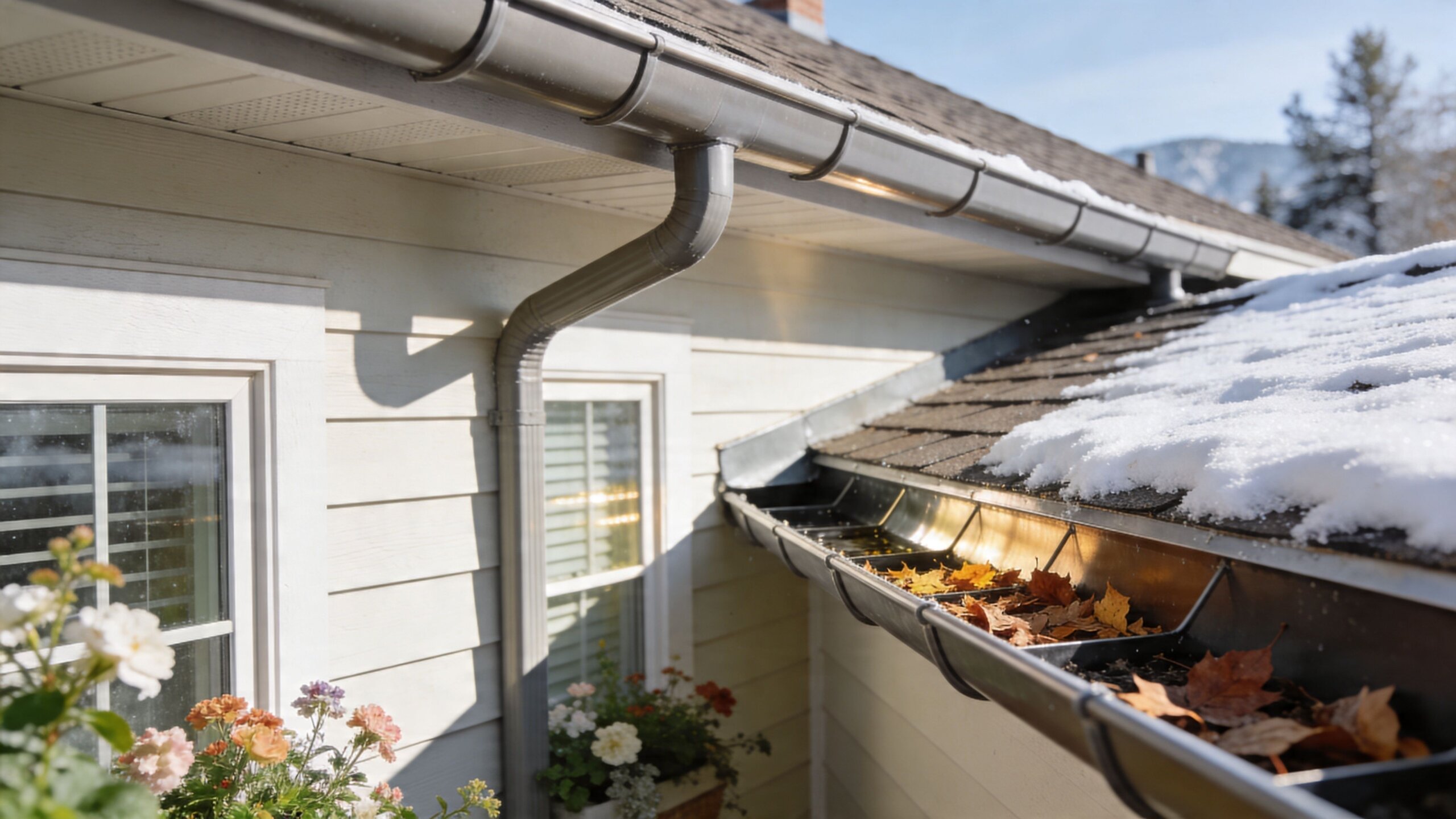A close-up view of a house gutter system filled with autumn leaves and covered in light snow.