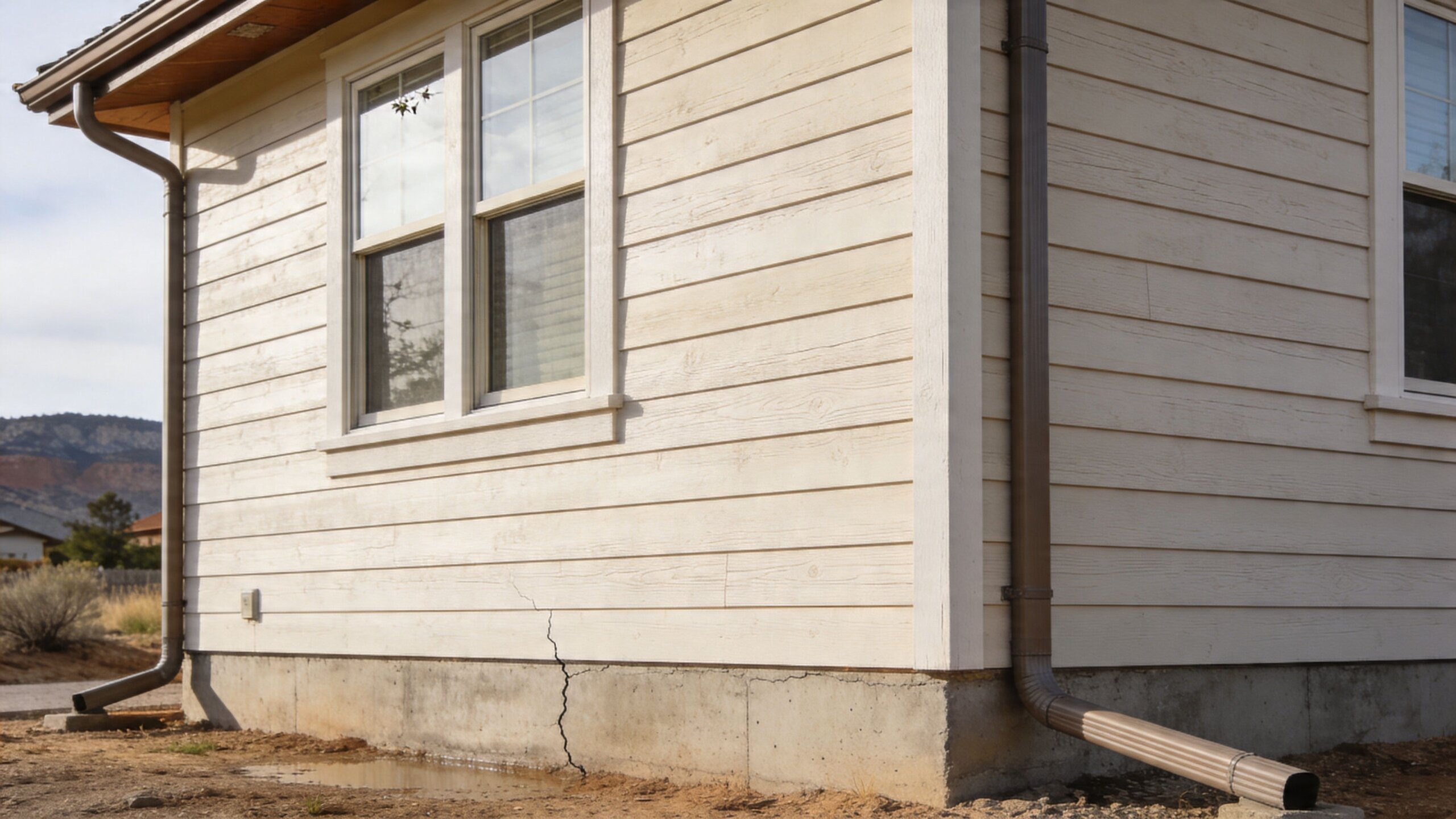 A house exterior with a cracked concrete foundation and drainage pipes near muddy soil in Colorado.