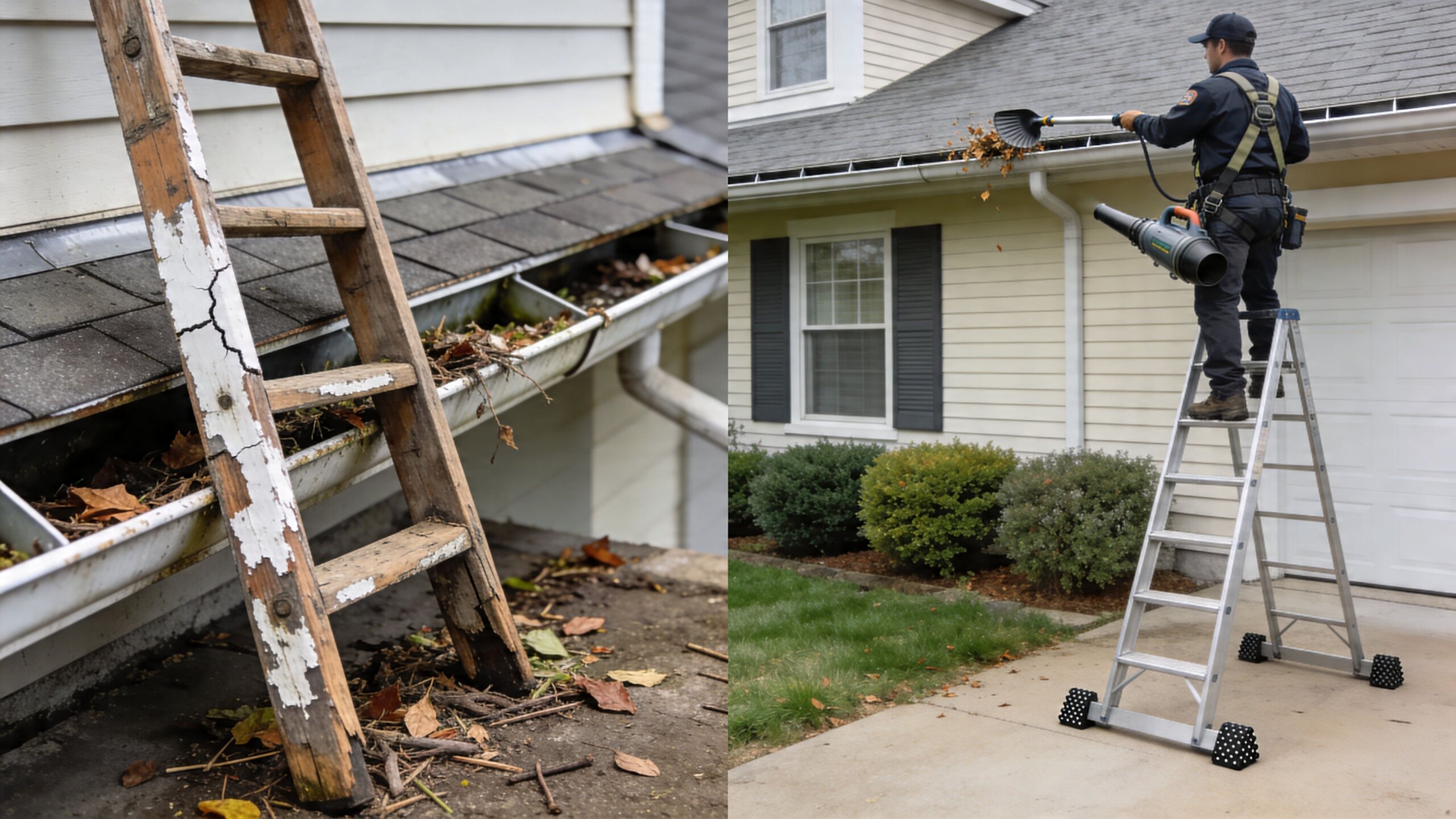 A professional using a gutter cleaning tool on a ladder next to dirty clogged roof gutters.