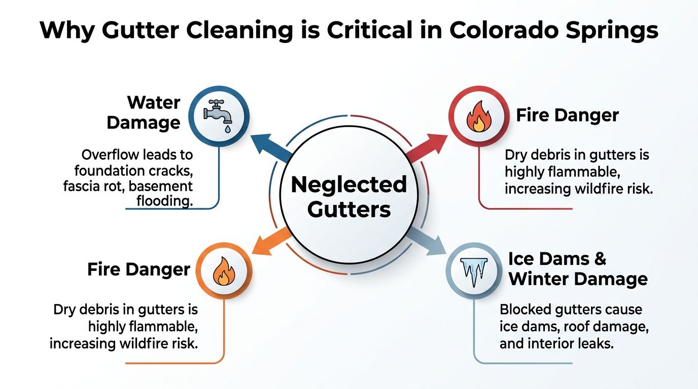 An infographic showing why gutter cleaning is critical for preventing water damage, fire risk, and ice dams.