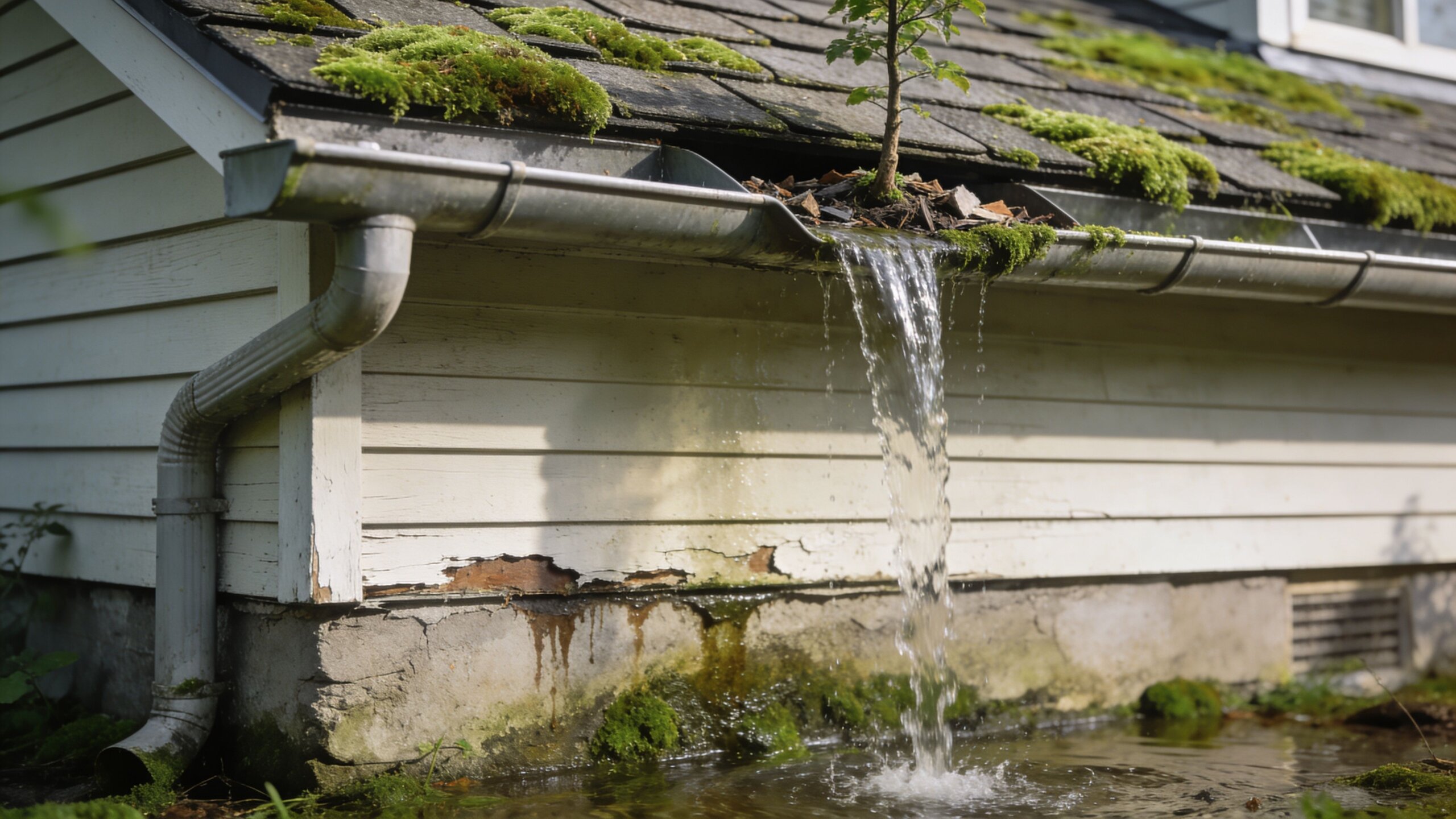 A neglected house roof with overflowing gutters, moss growth, and a small tree growing inside them.