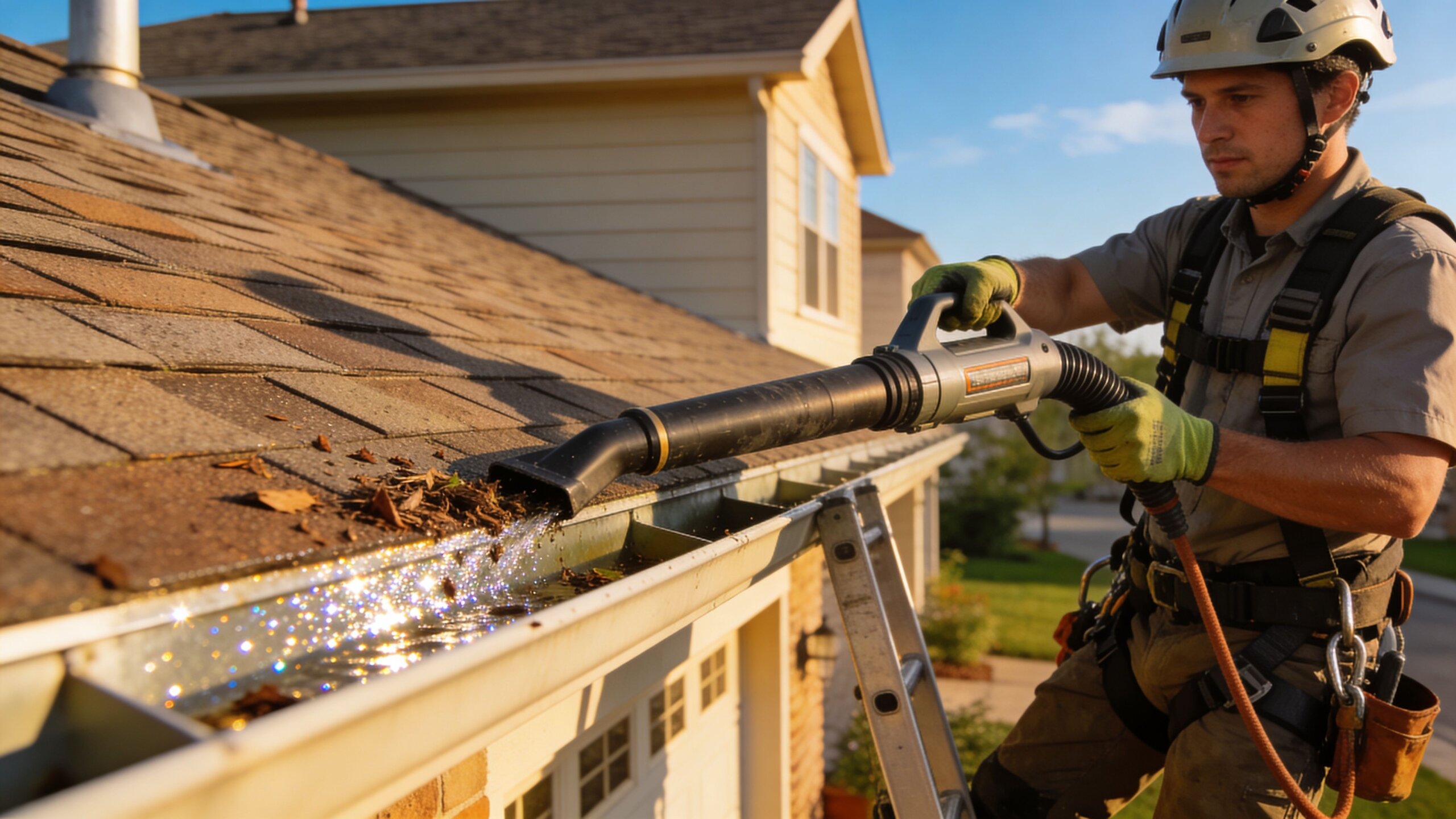 A professional technician wearing safety gear cleaning residential roof gutters with a high-powered leaf blower tool.