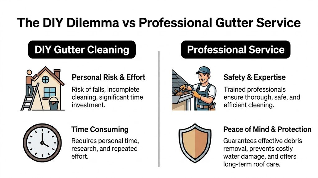 A comparison infographic between DIY gutter cleaning and hiring a professional gutter cleaning service provider.