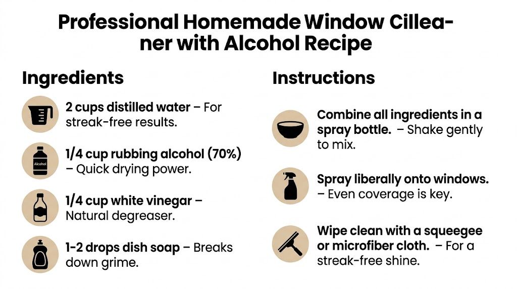 An infographic detailing a recipe for homemade window cleaner using distilled water, rubbing alcohol, vinegar, and dish soap.