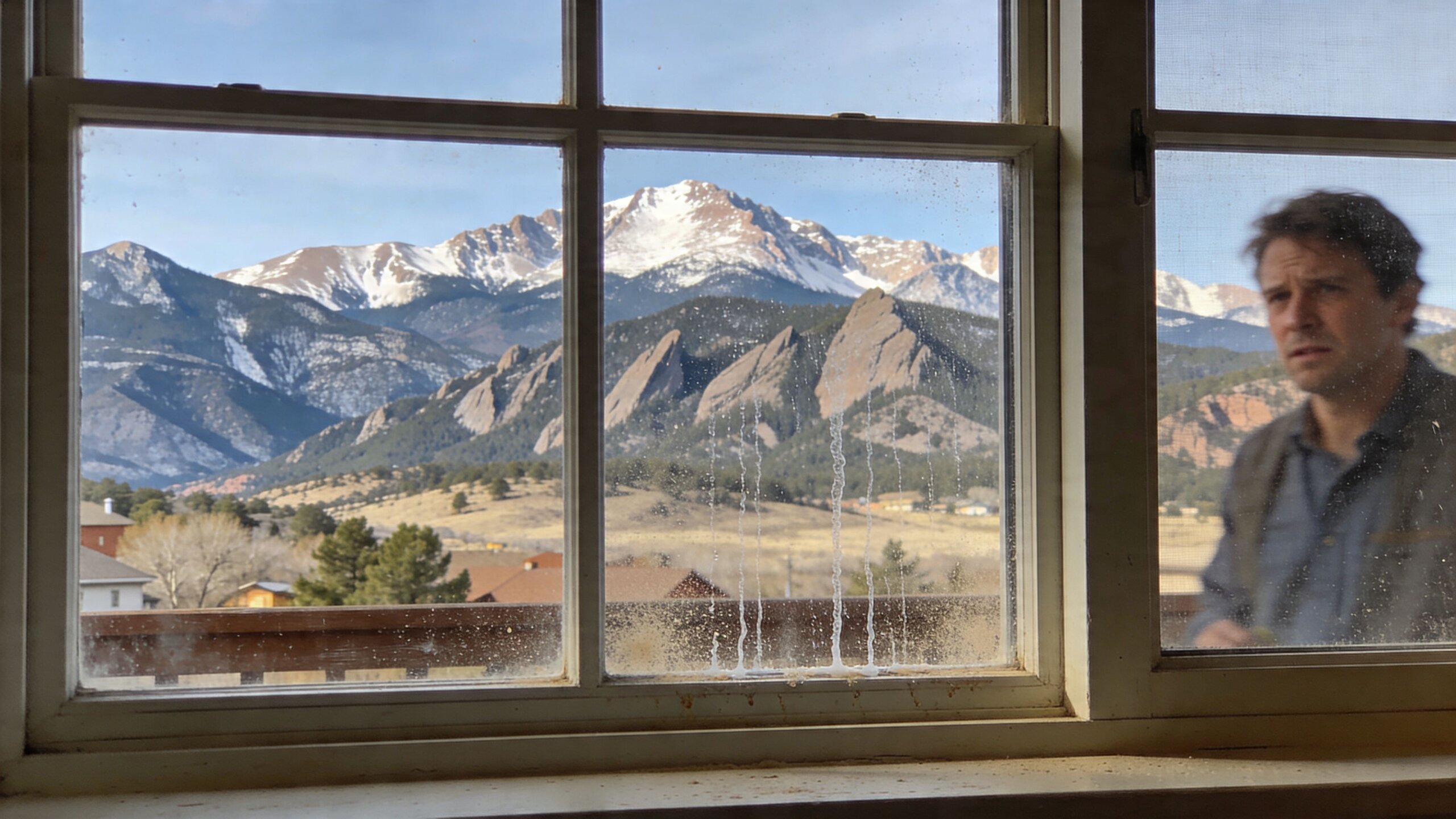 A man looks through a window showing streaks from homemade window cleaner with alcohol on the glass.