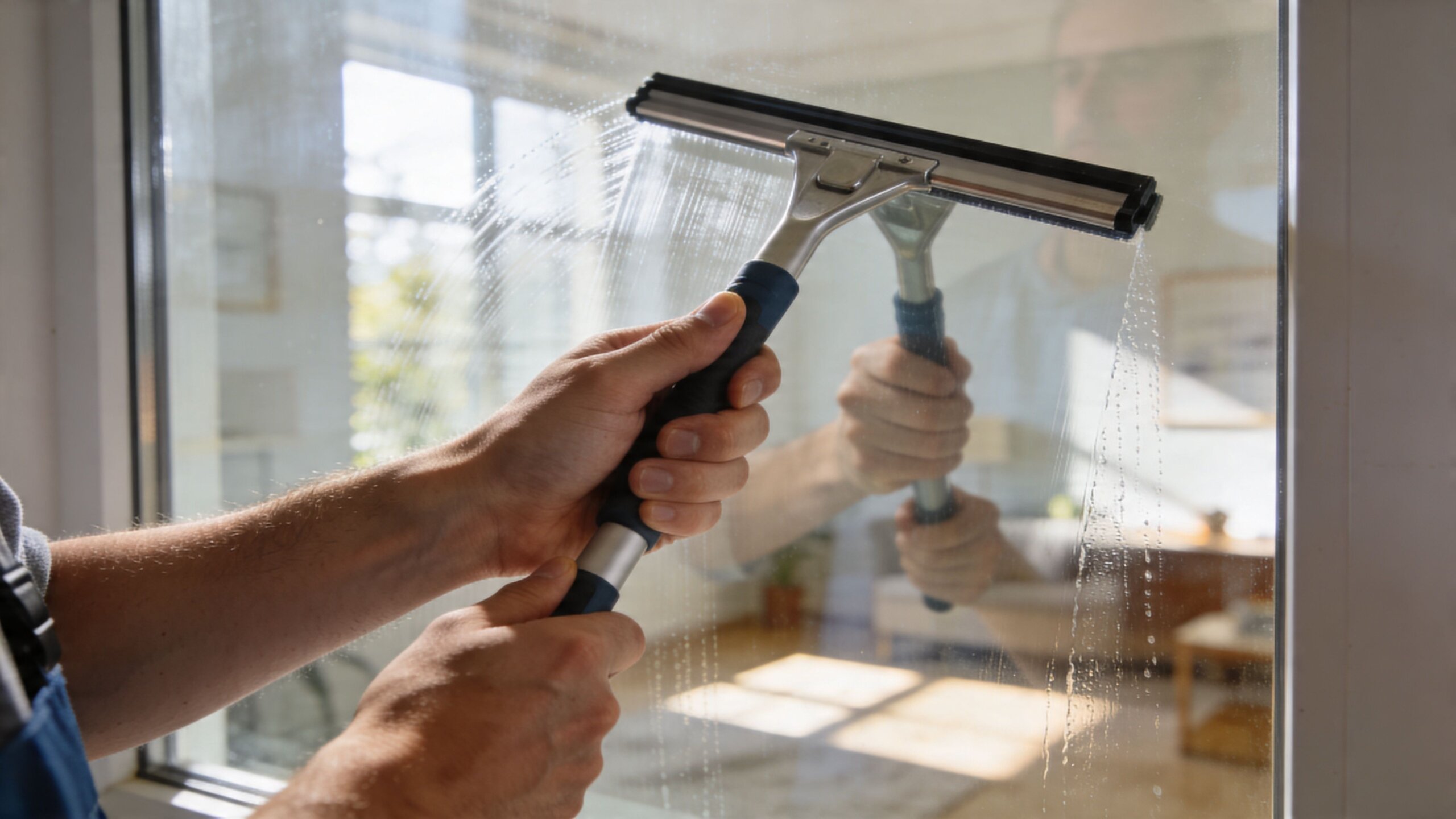 A professional window cleaner uses a squeegee to wipe soapy water off a glass windowpane indoors.