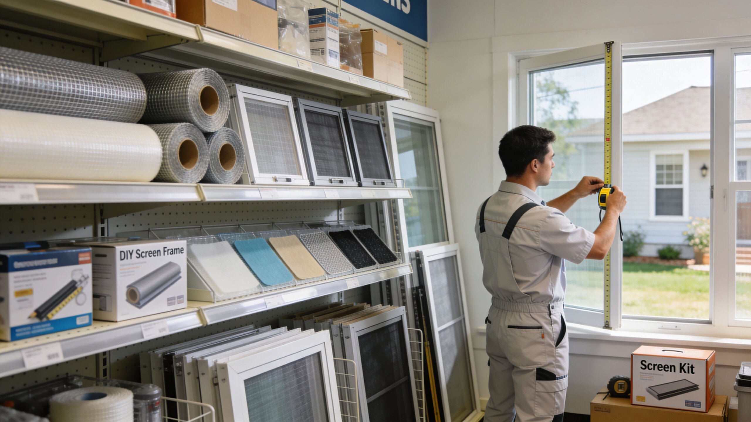 A professional technician in work clothes measuring a home window with a tape measure for new screens.