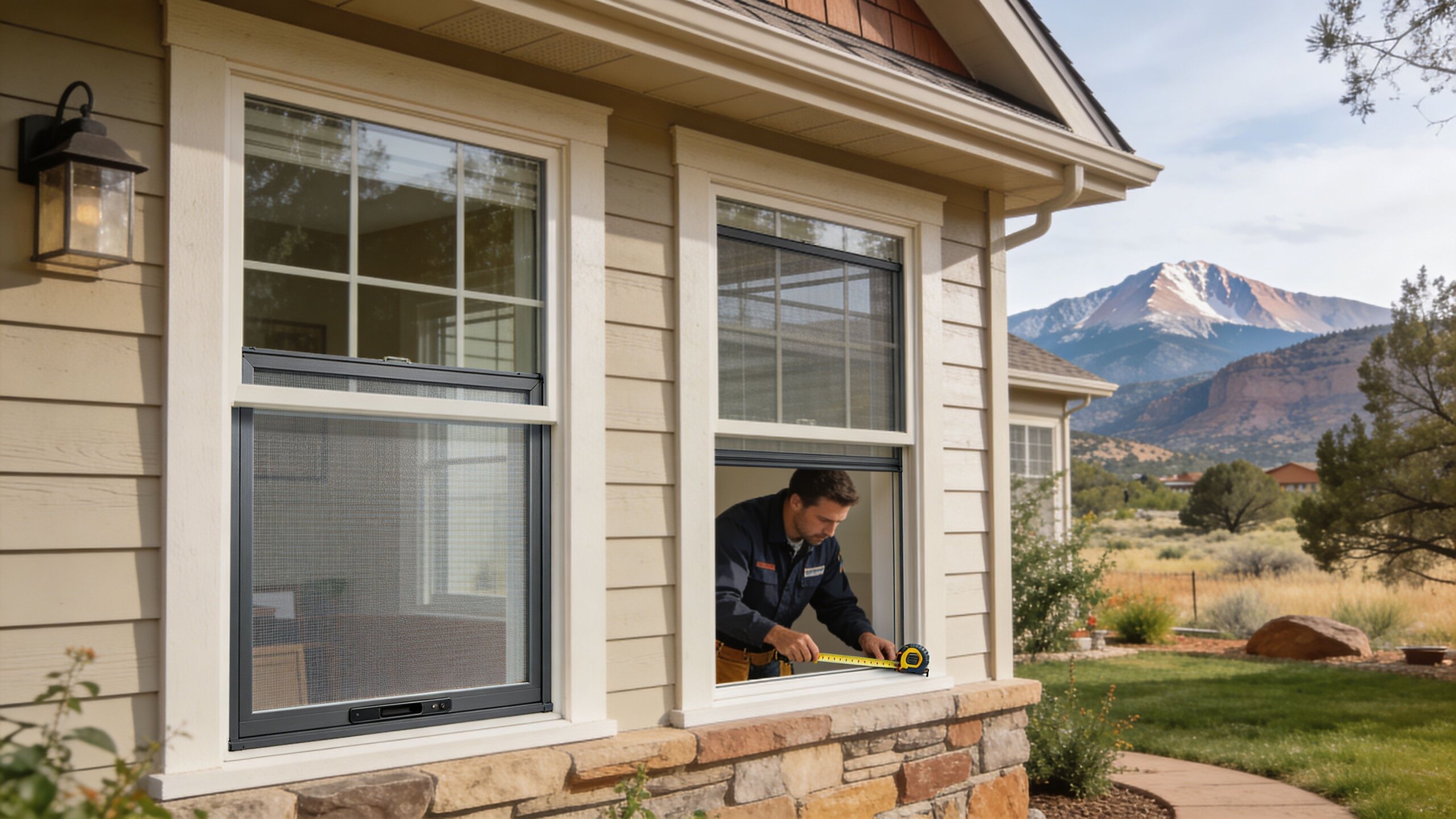 A professional contractor using a measuring tape to assess a window for new screen installation.
