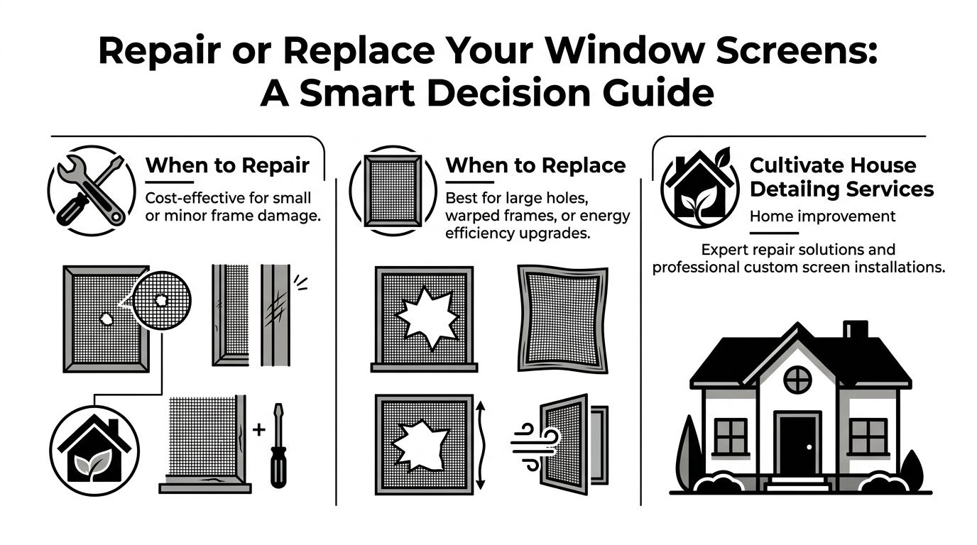 An infographic guiding homeowners on when to repair or replace window screens to improve their home.
