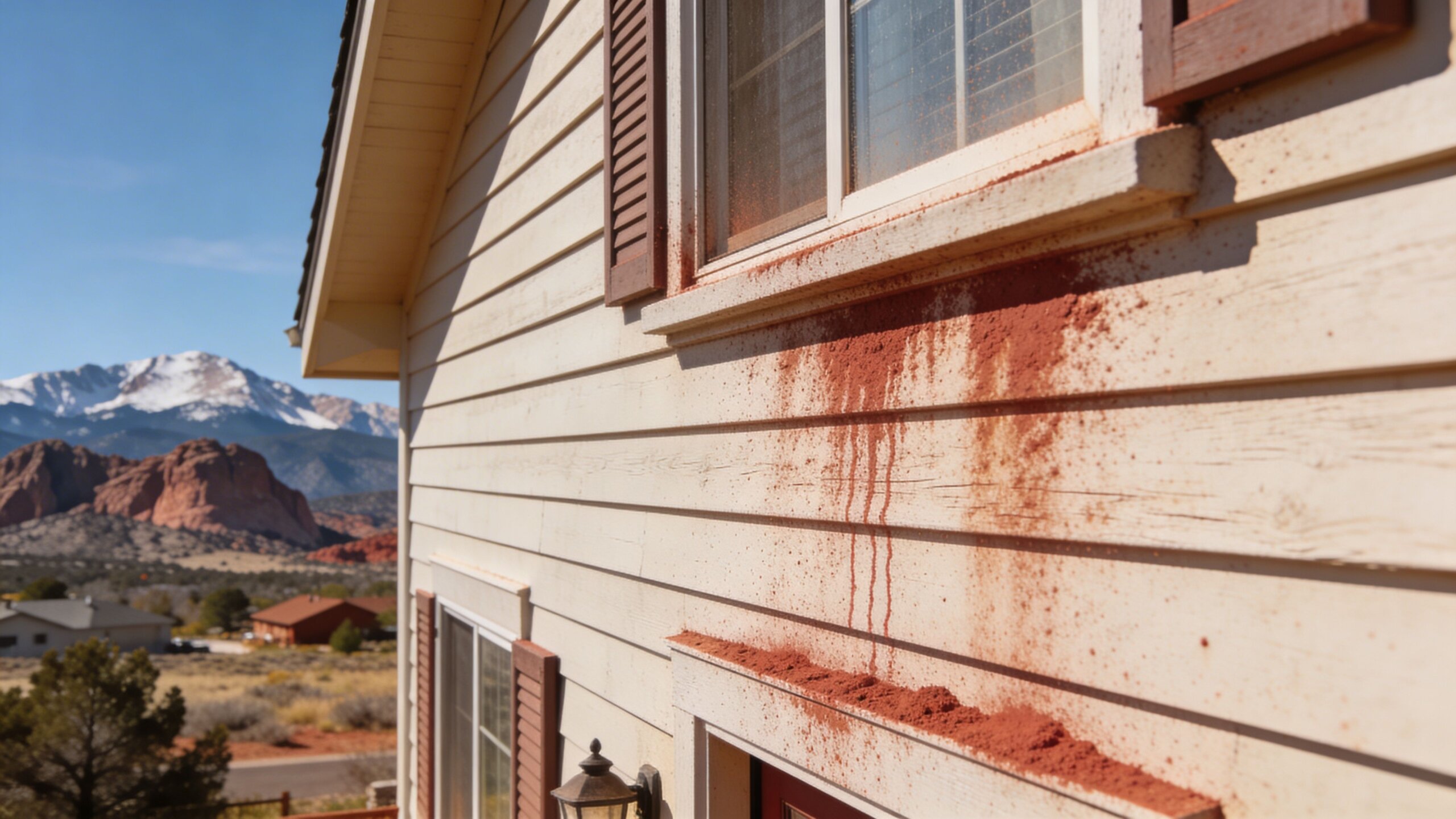Red dirt and dust stained on the beige siding of a house with mountain views.
