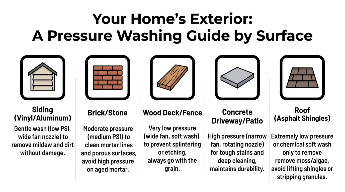 A helpful infographic guide explaining the correct pressure washing methods for different home exterior surfaces like siding and decks.