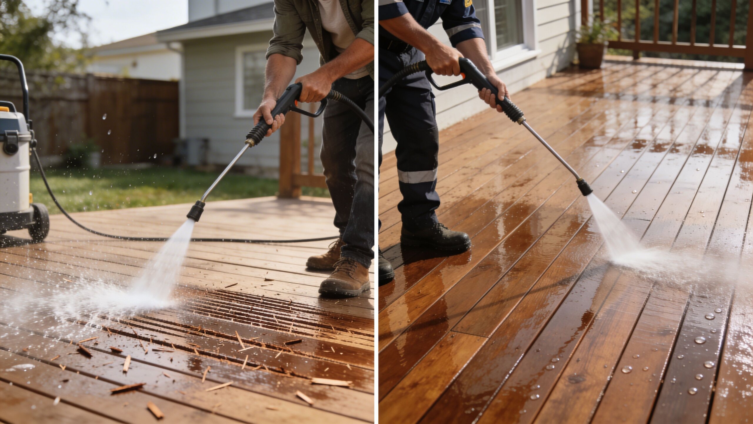 A split-screen comparison showing a man pressure washing a wooden deck surface outdoors.
