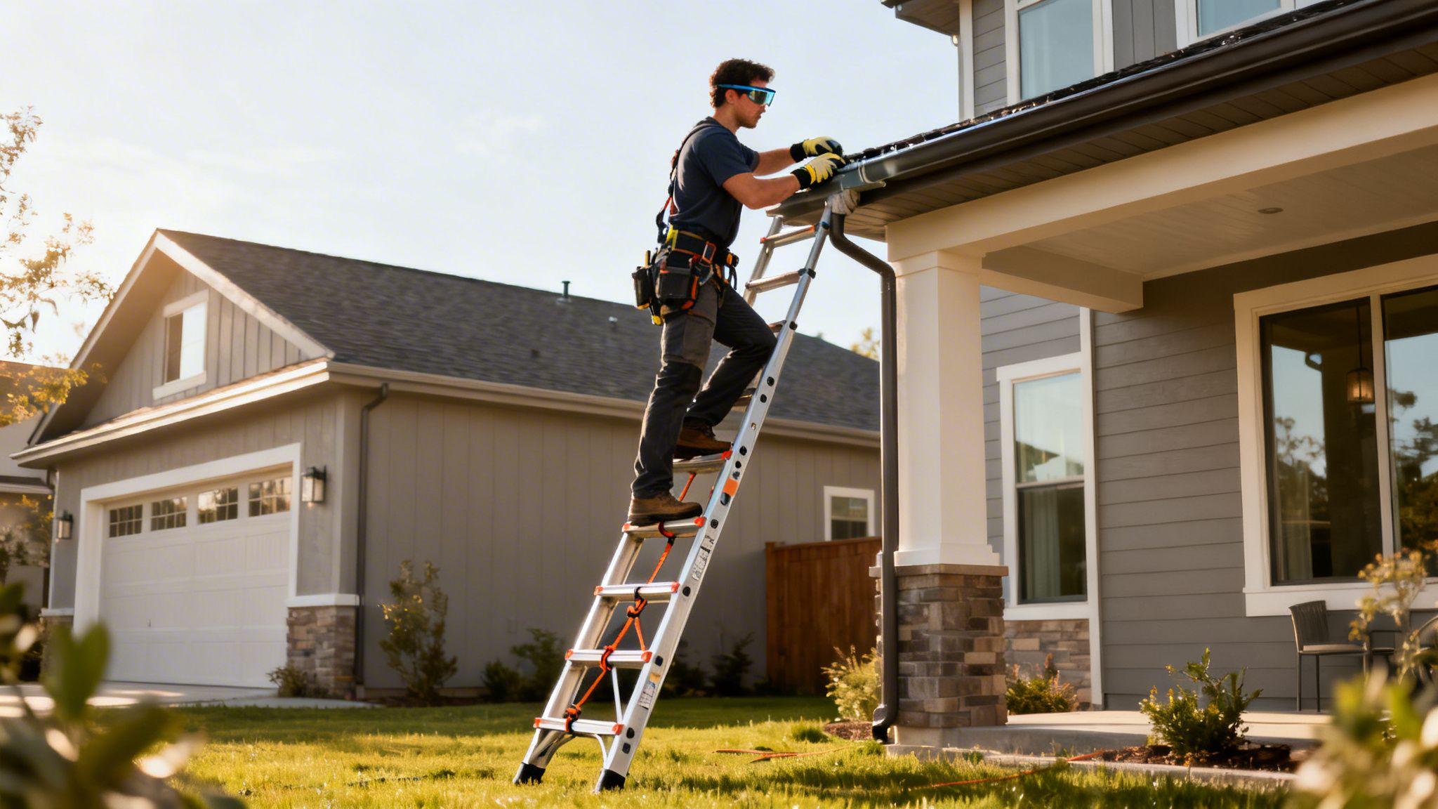 A professional construction worker wearing safety gear cleaning the gutters of a house using an extension ladder.