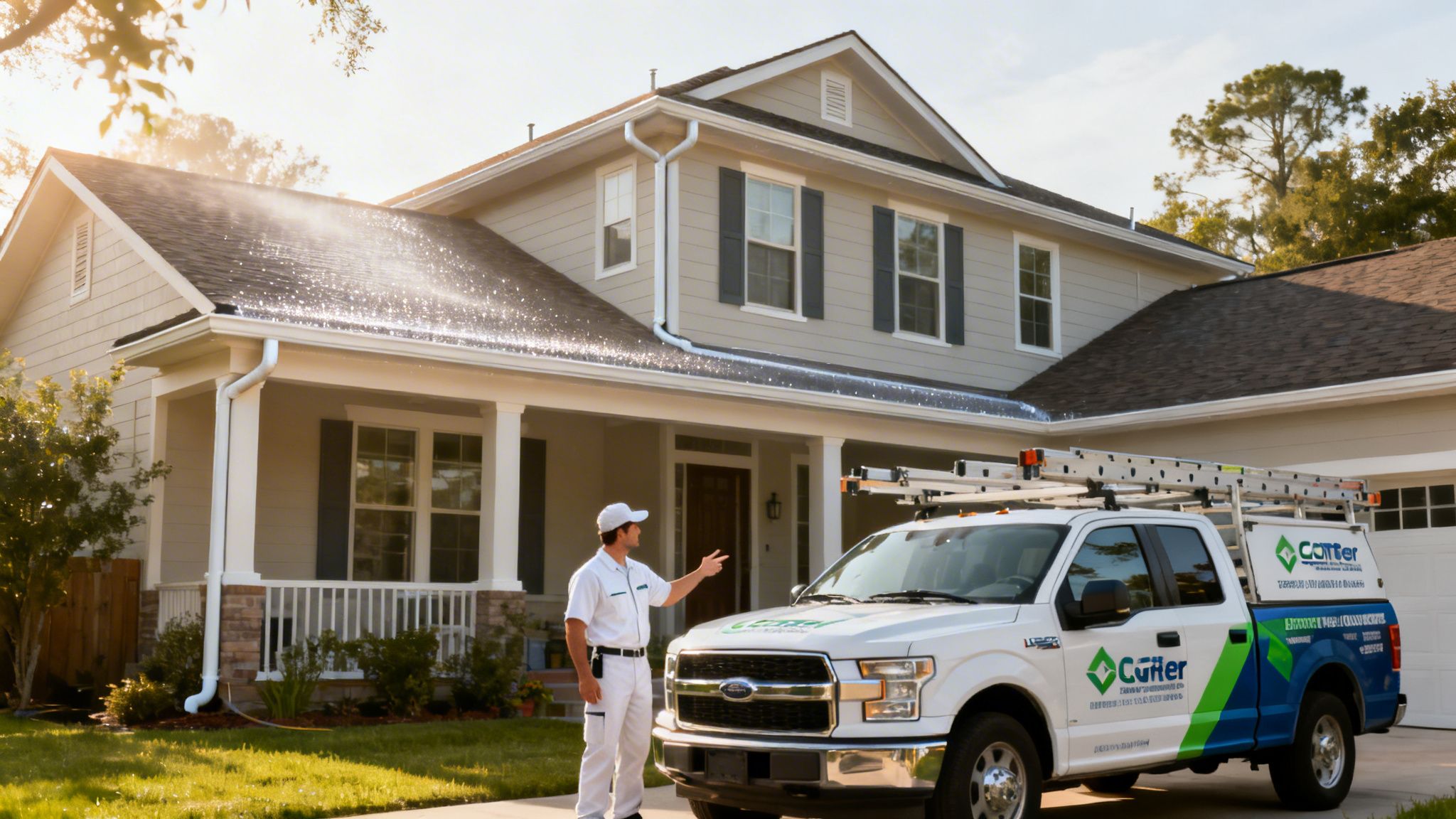 A professional gutter cleaning service worker pointing toward a residential house roof with a work truck nearby.