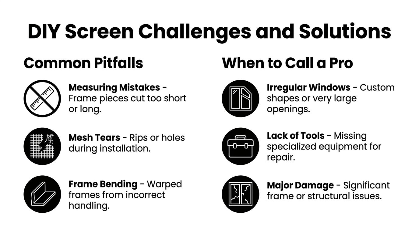 An infographic titled DIY Screen Challenges and Solutions highlighting common repair pitfalls and when to hire professionals.