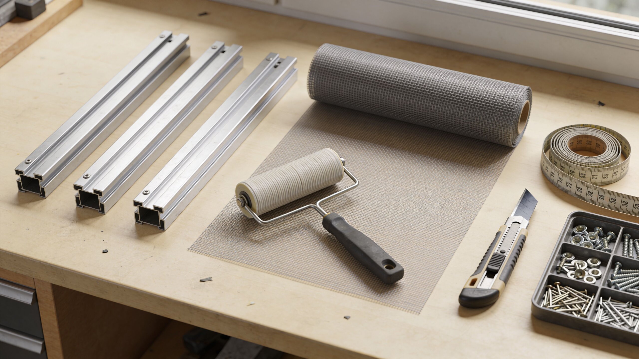 A wooden workbench displaying aluminum screen frame parts, mesh netting, a spline roller, utility knife, and fasteners.