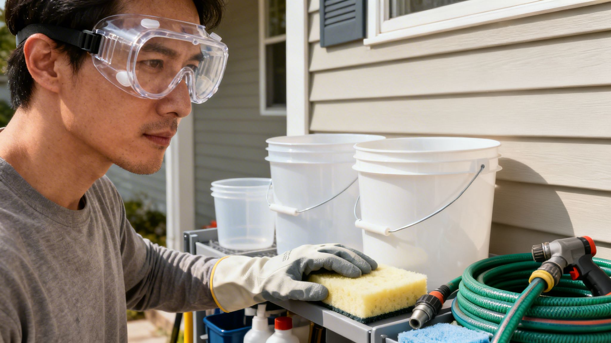 A focused man wearing protective goggles and gloves prepares cleaning supplies for washing house siding outside.
