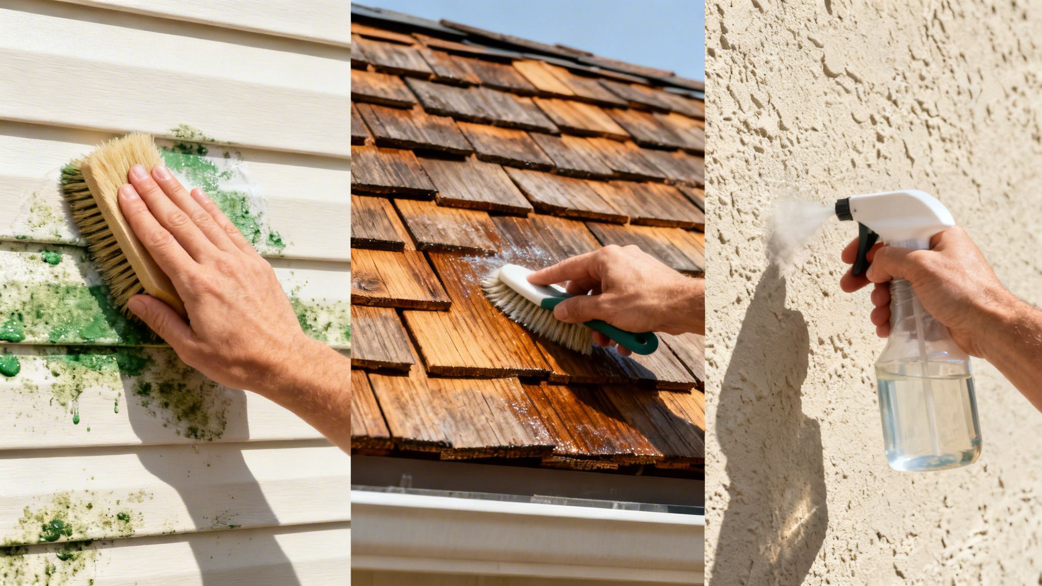 A split image showing hands cleaning mold and algae from siding, wood roof shingles, and stucco walls.