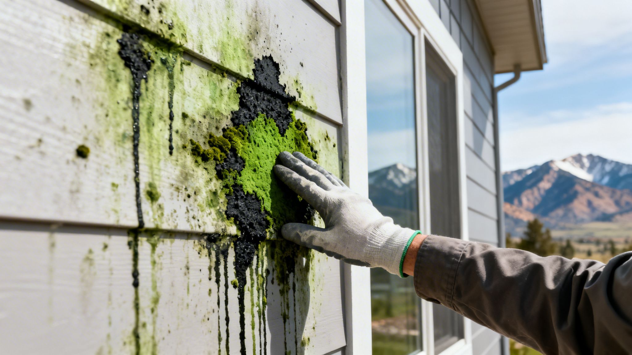 A gloved hand inspects thick green moss and black mold growth on light gray home siding.
