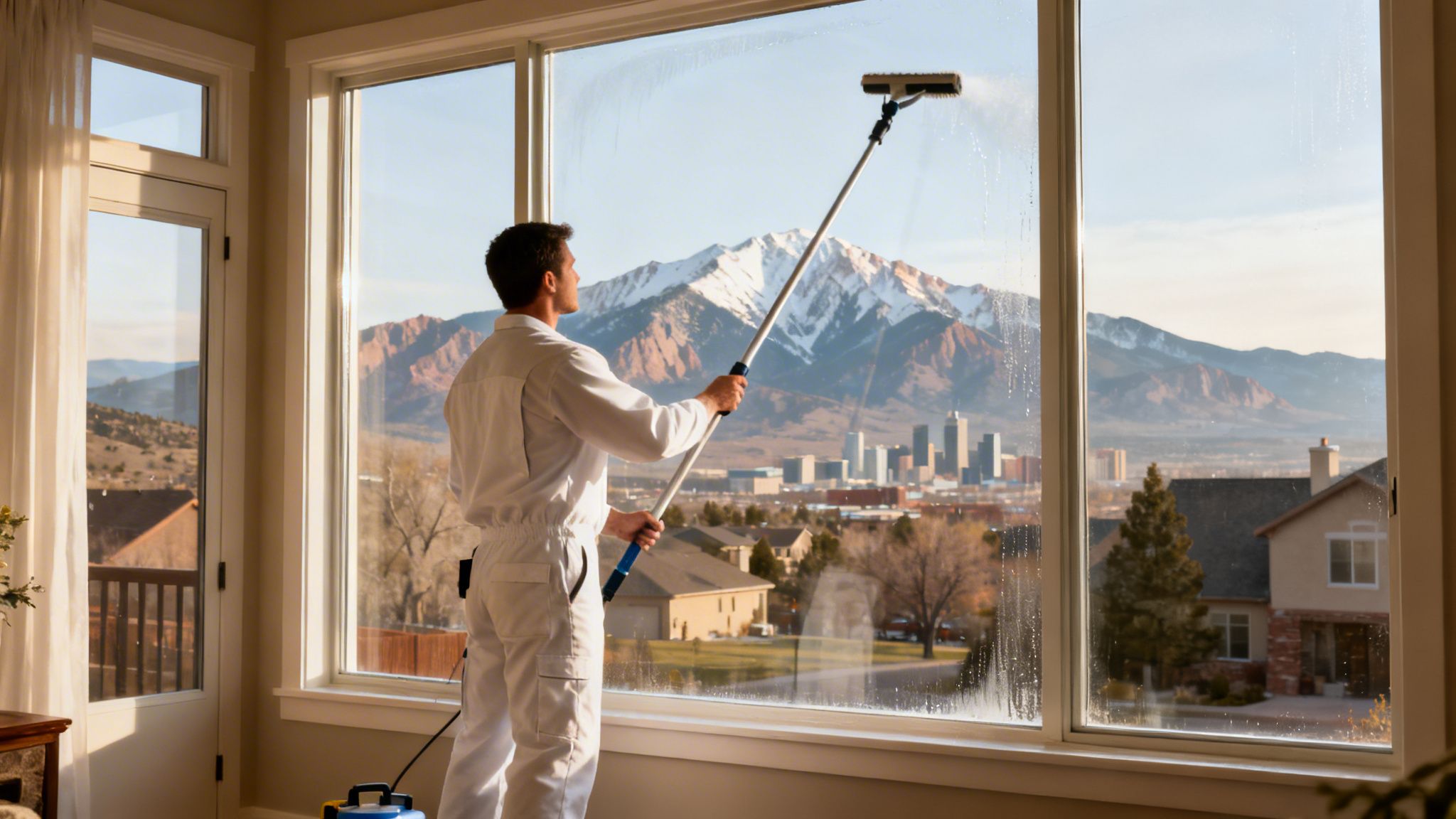 A man in a white jumpsuit cleans a large window with a squeegee, revealing a snowy mountain and city view.