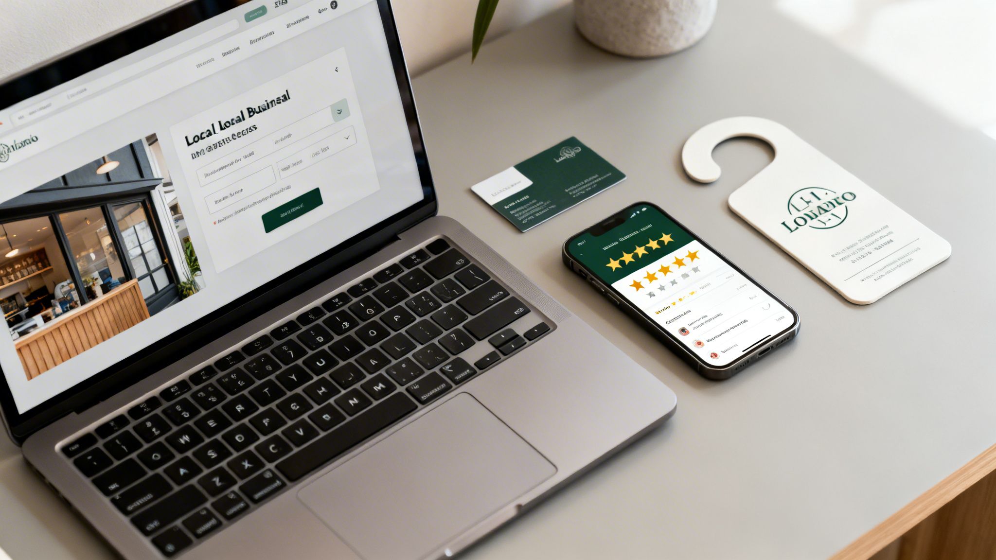 A flat lay of a workspace with a laptop displaying a business website, a smartphone with customer reviews, and branding materials.