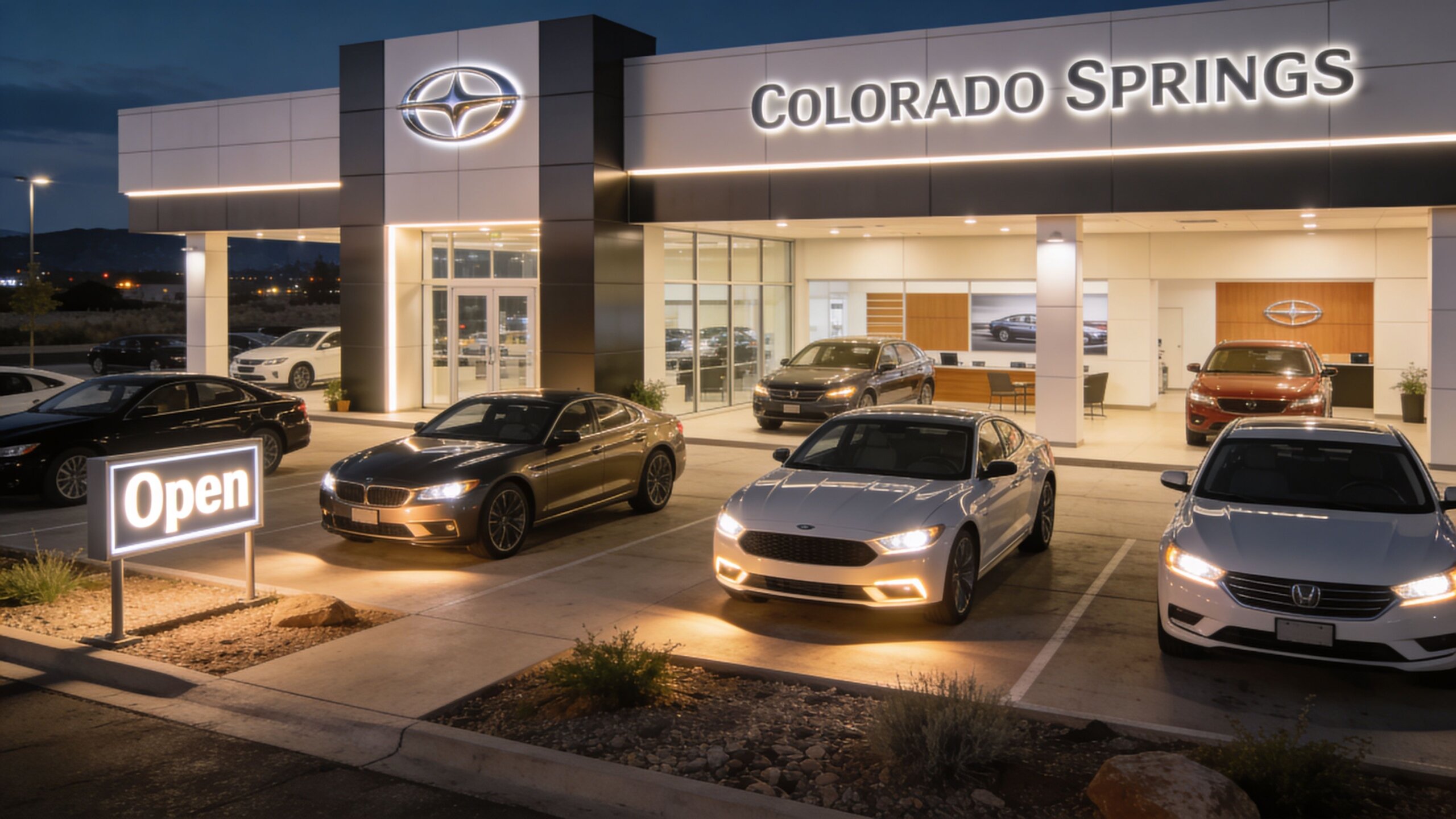 A modern car dealership in Colorado Springs lit up at night with an open sign displayed.