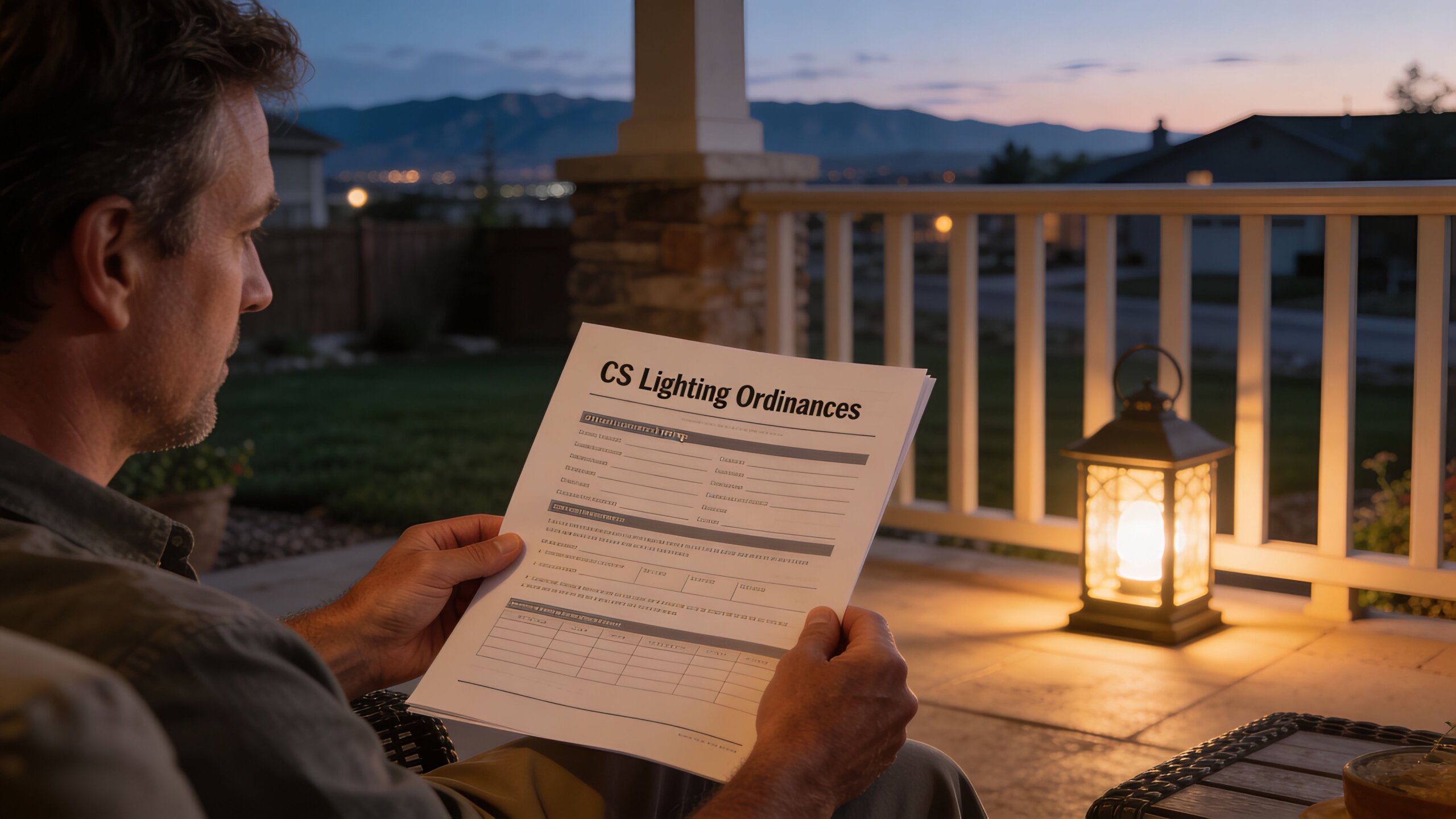 A man sits on a porch at dusk reading a document titled CS Lighting Ordinances.