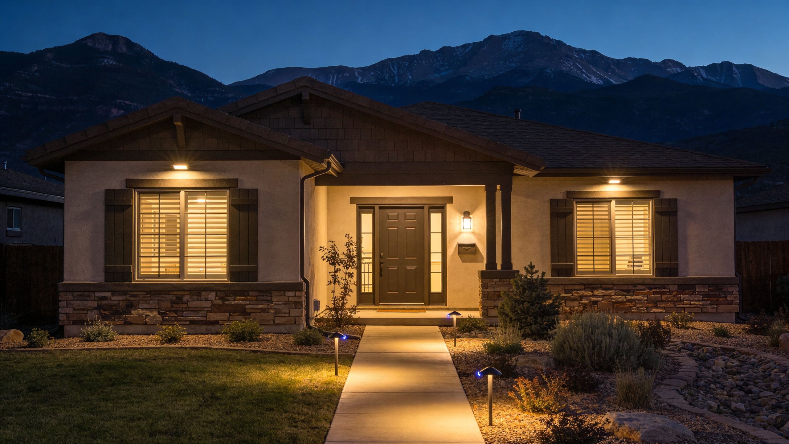 A modern single-story house with illuminated windows and landscape lighting at dusk in Colorado Springs.